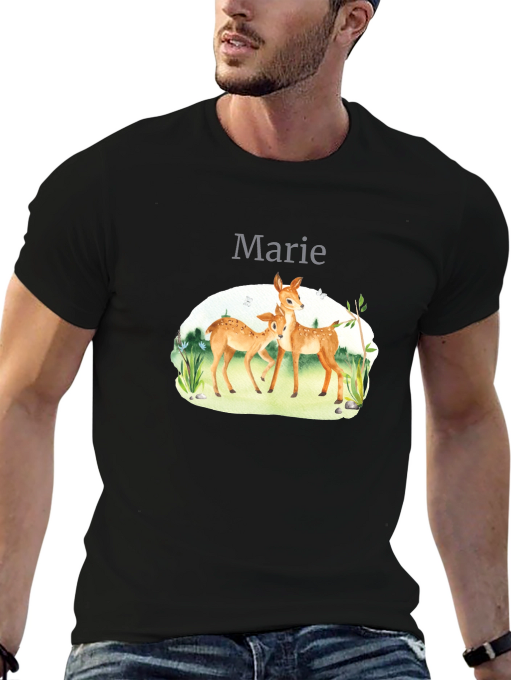 Deer Family Graphic Black T-Shirt