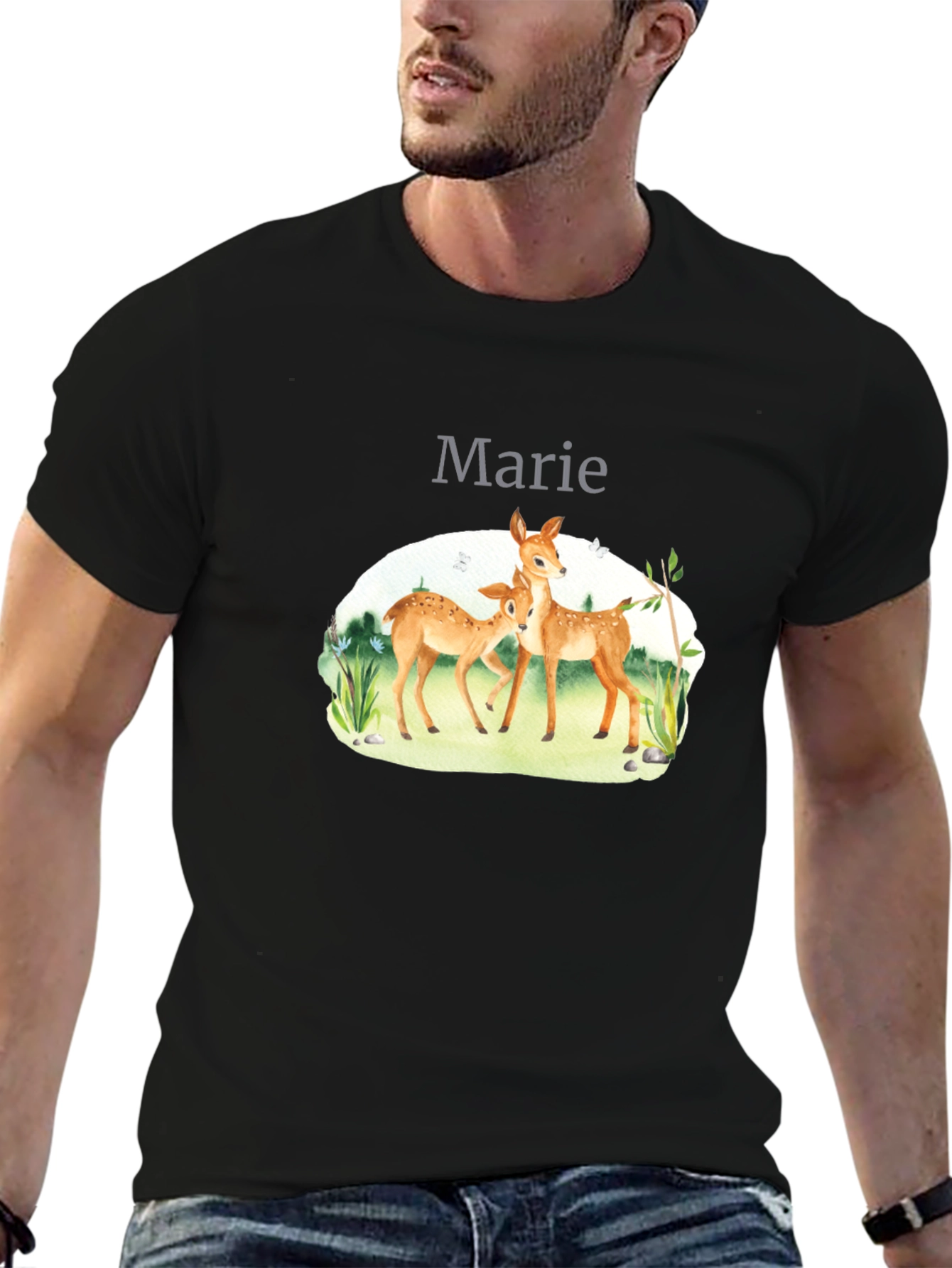 Deer Family Graphic Black T-Shirt
