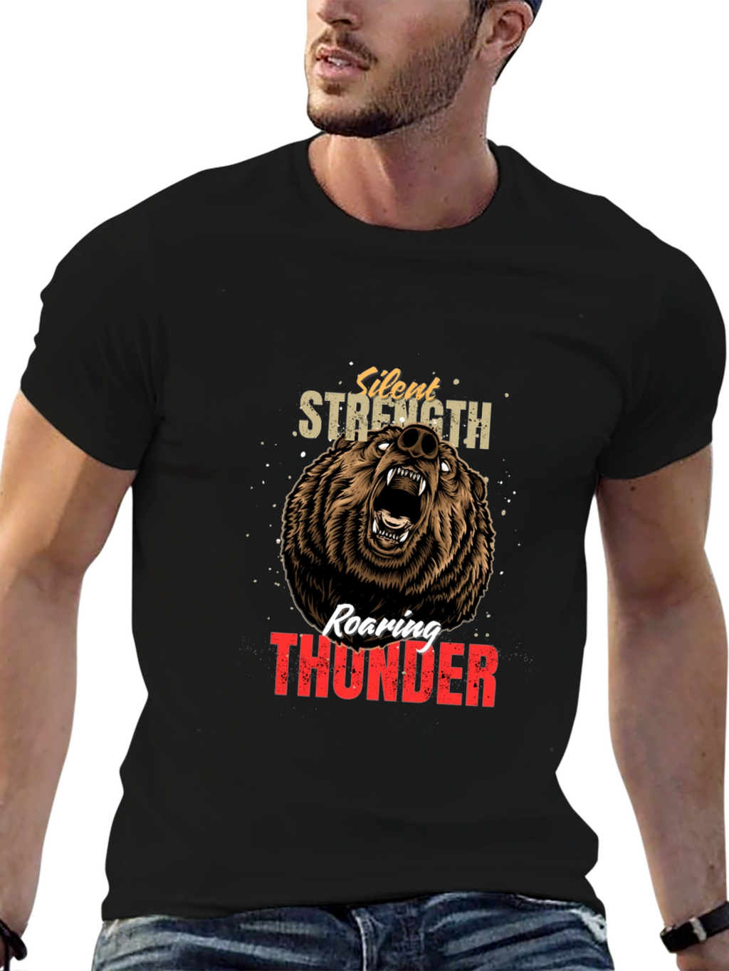 Silent Strength Roaring Thunder Bear Graphic Tee