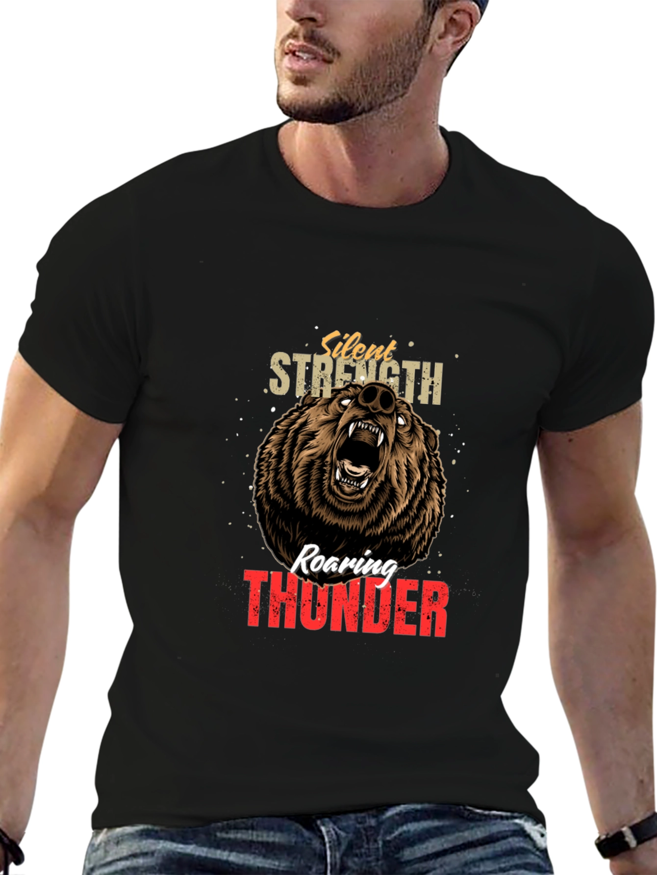 Silent Strength Roaring Thunder Bear Graphic Tee