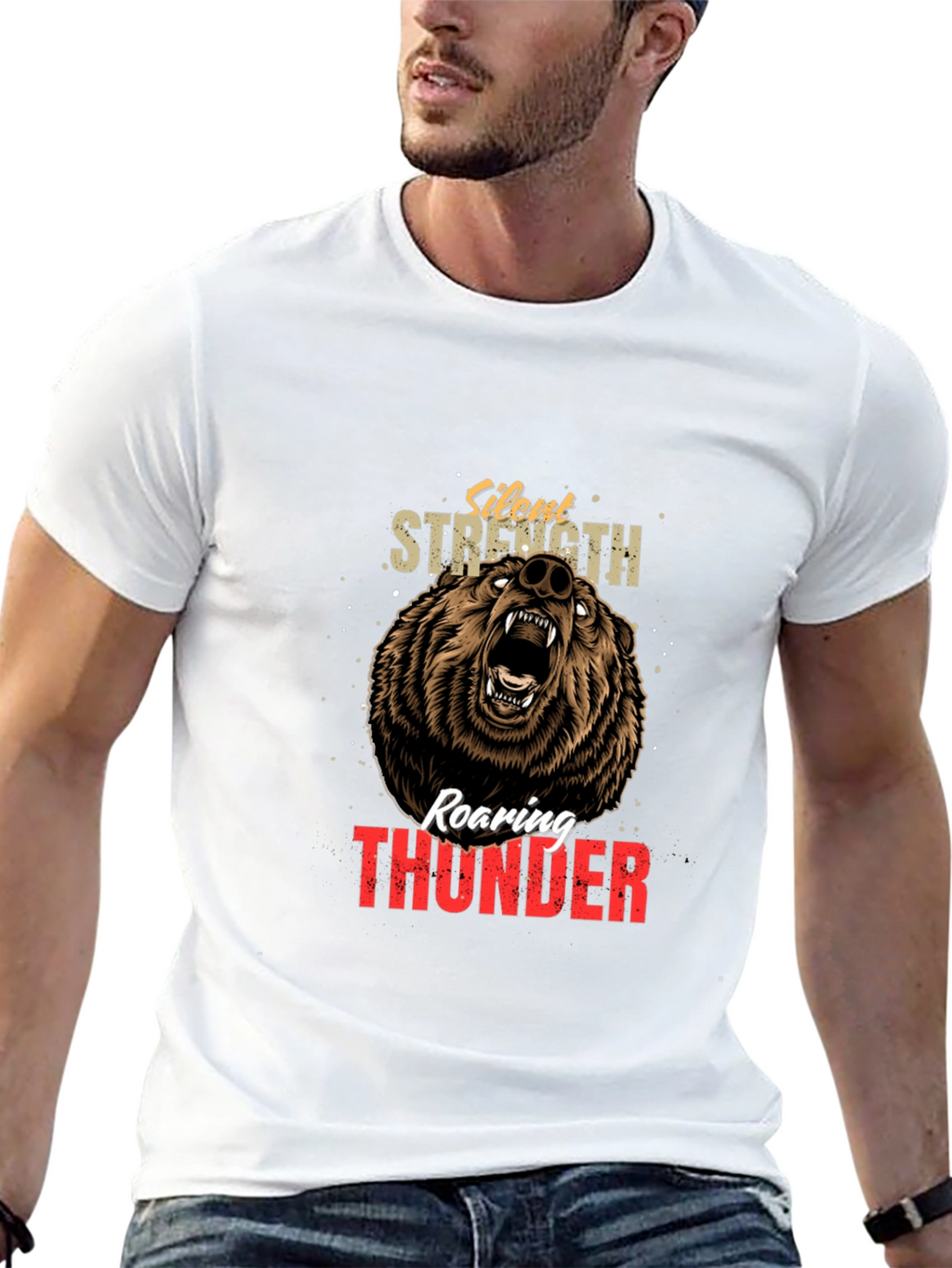 Silent Strength Roaring Thunder Bear Graphic Tee