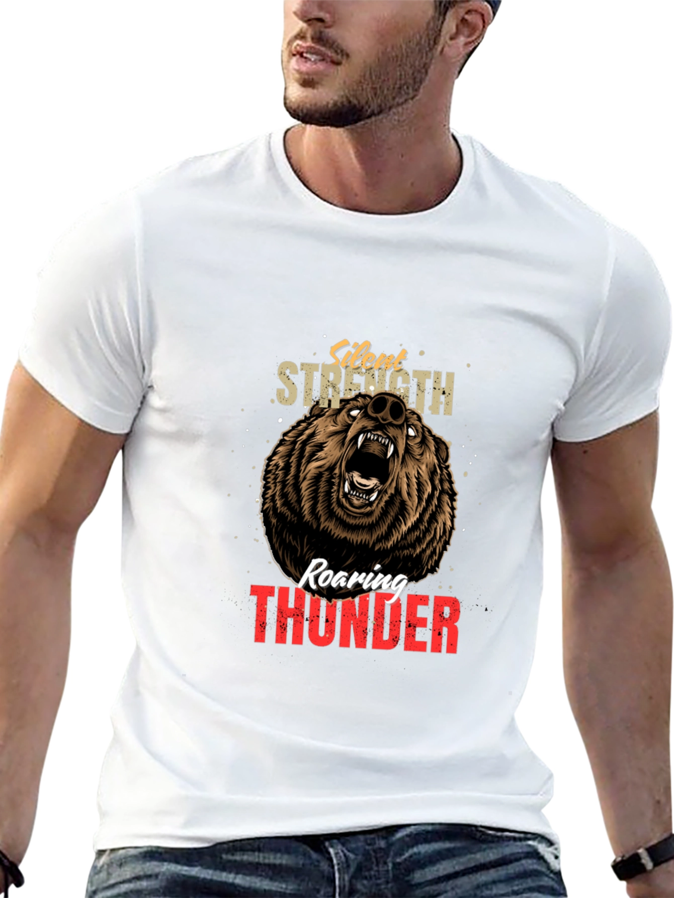 Silent Strength Roaring Thunder Bear Graphic Tee