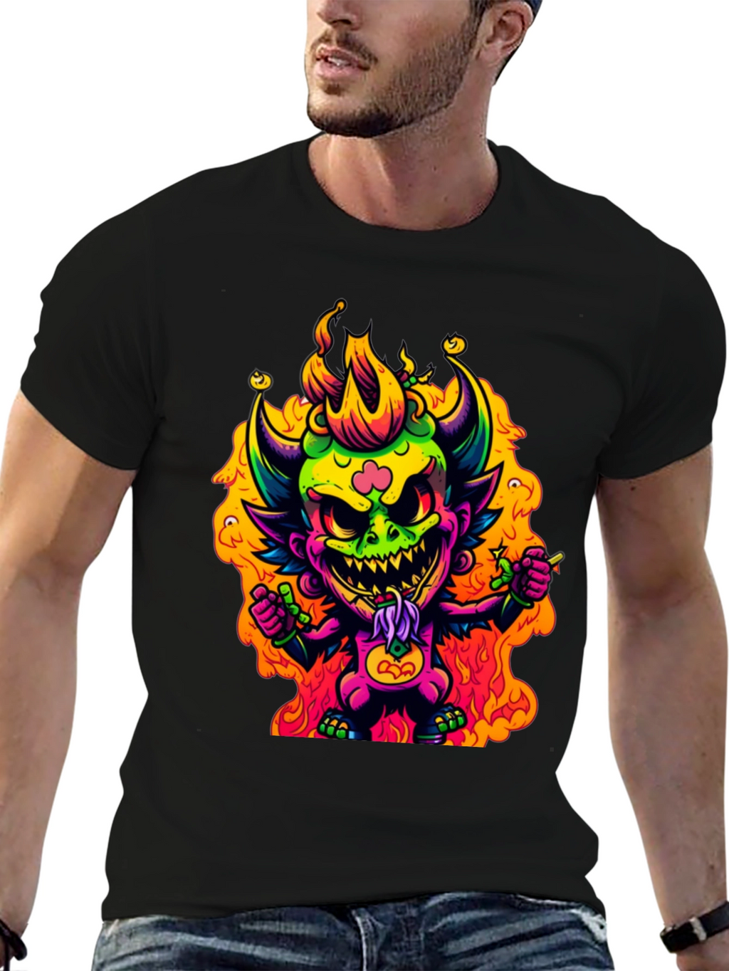 Neon Devil Graphic Tee - Stylish Black T-Shirt