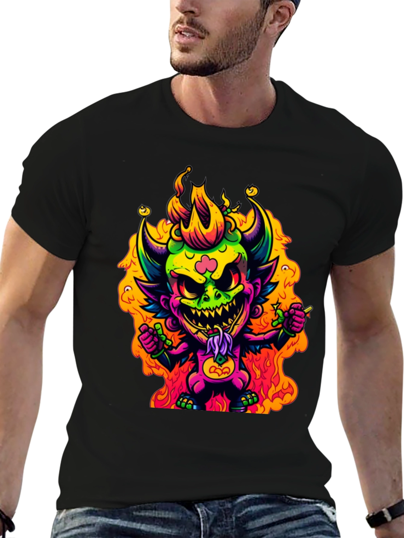 Neon Devil Graphic Tee - Stylish Black T-Shirt