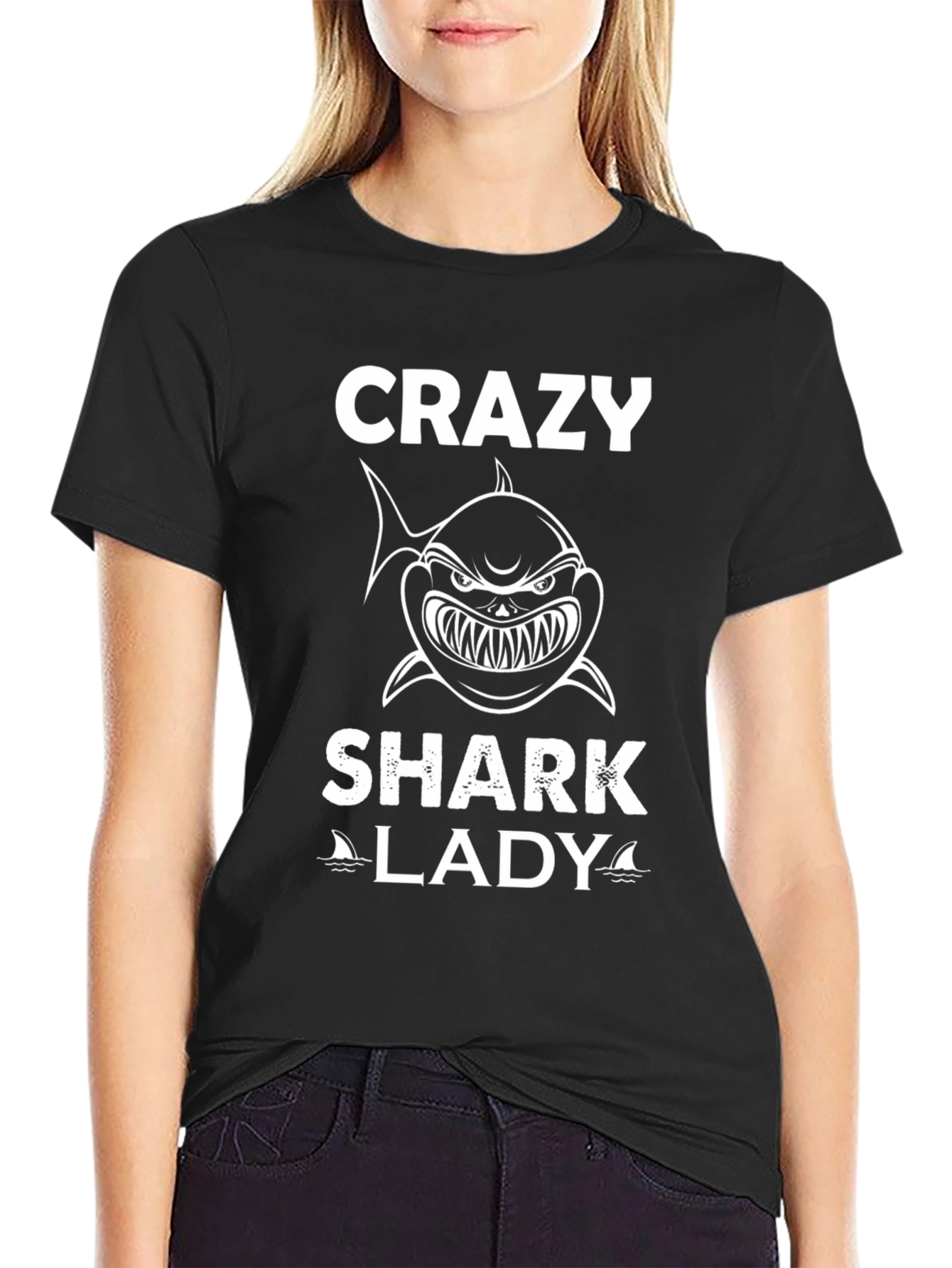 Crazy Shark Lady Black T-Shirt