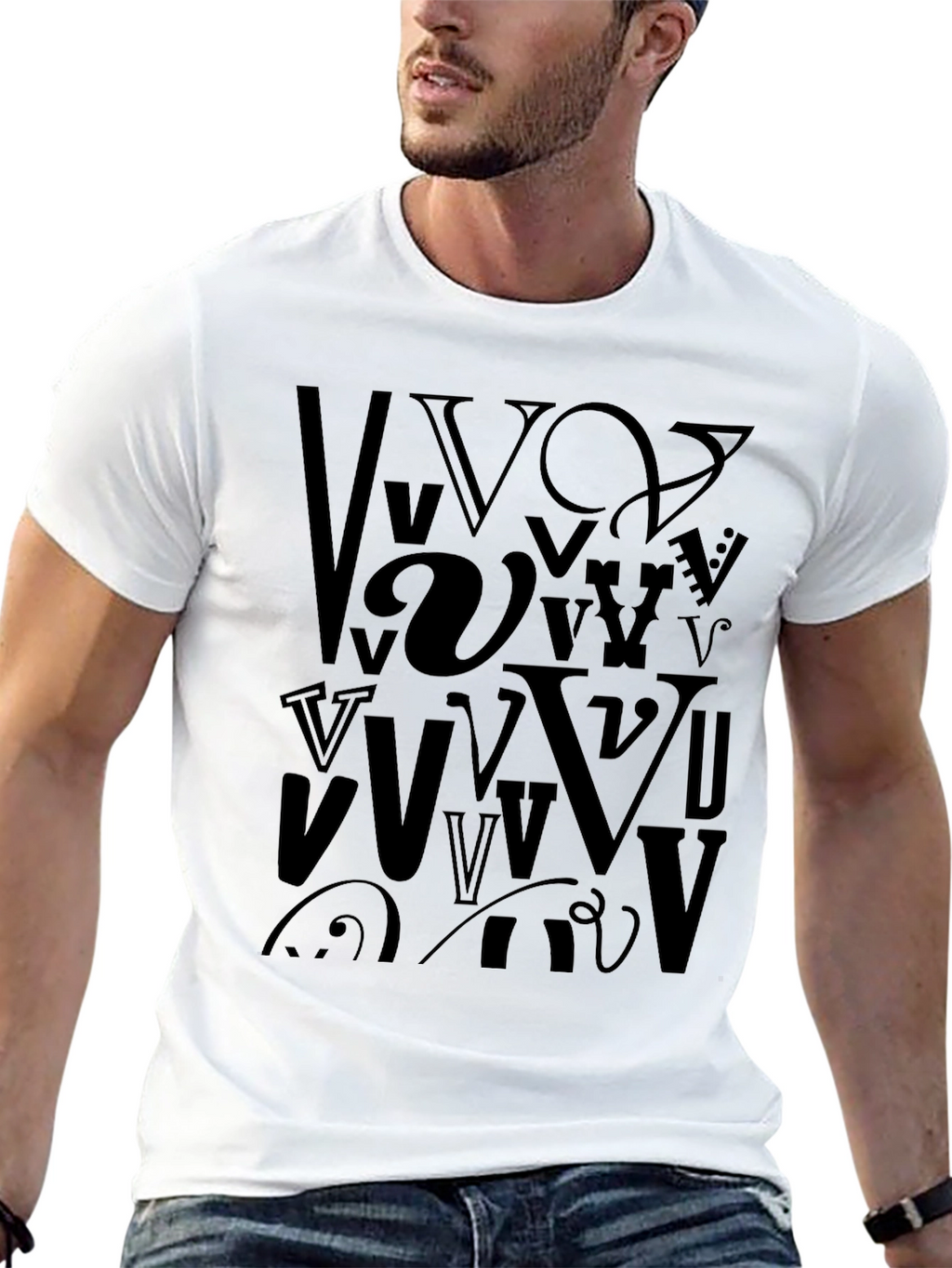 Abstract V Letter Print Mens Black T-Shirt