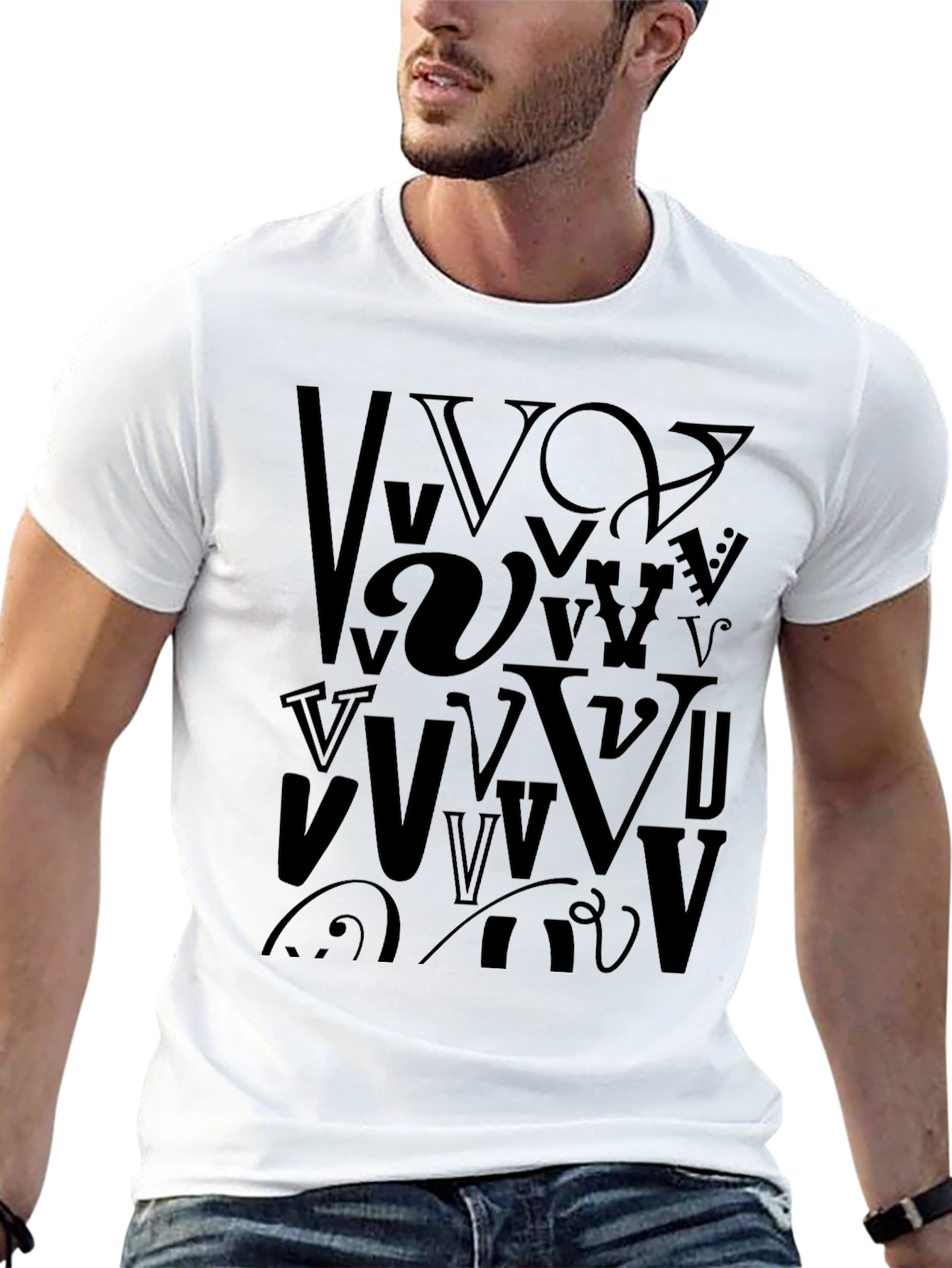 Abstract V Letter Print Mens Black T-Shirt