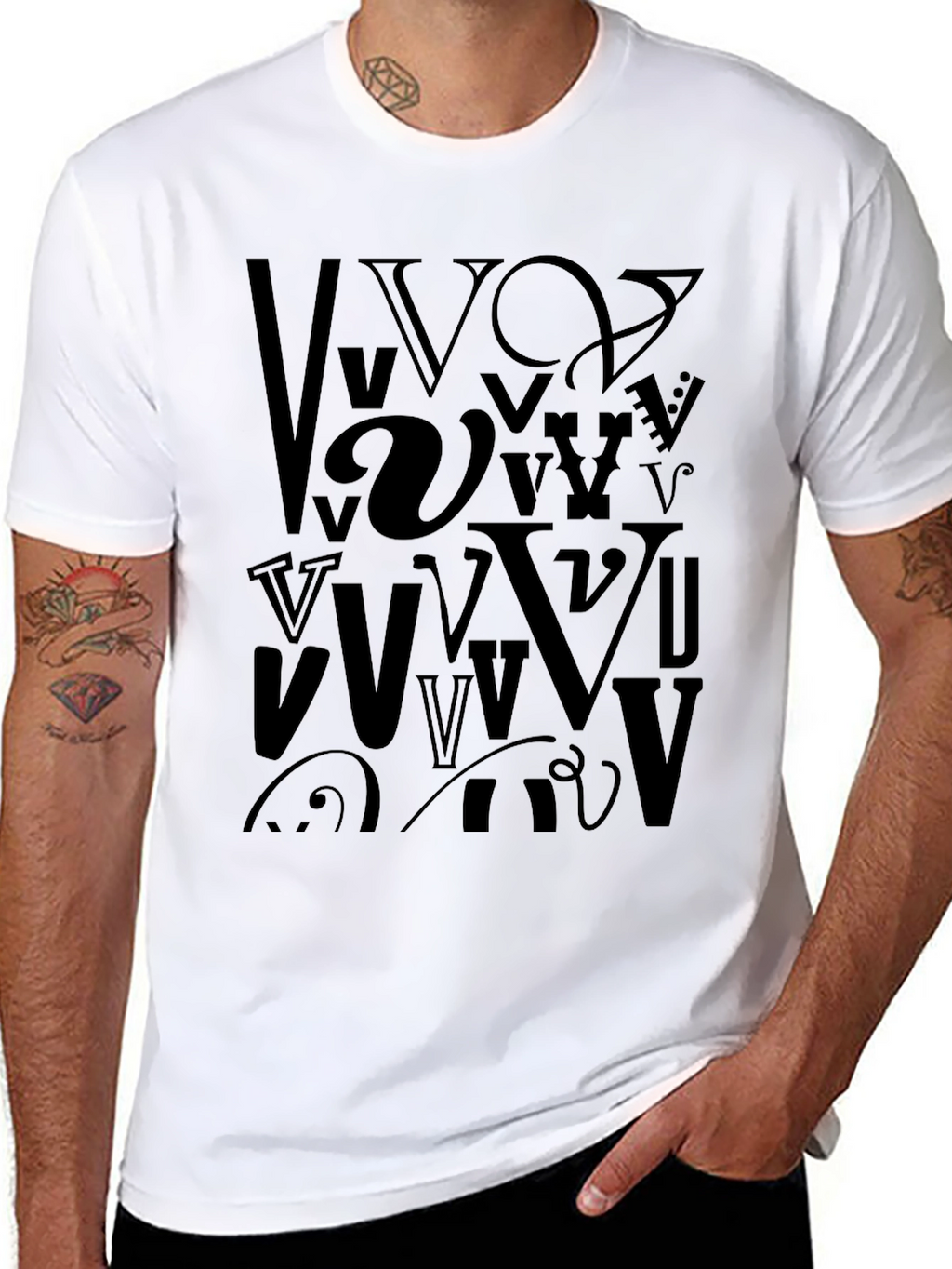 Abstract V Letter Print Mens Black T-Shirt
