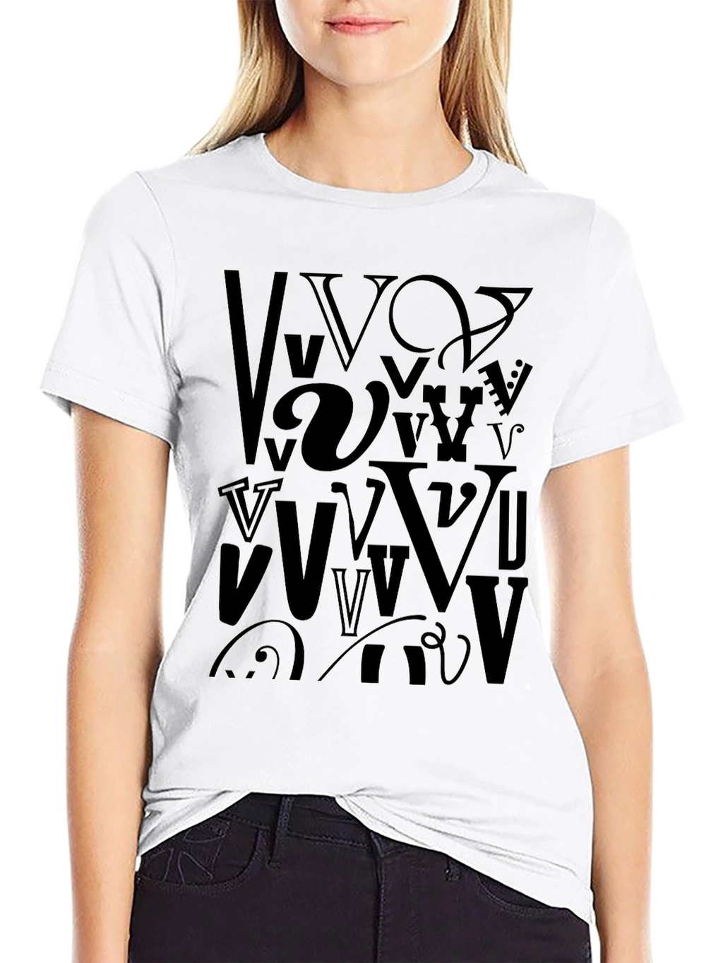 Abstract V Letter Print Mens Black T-Shirt