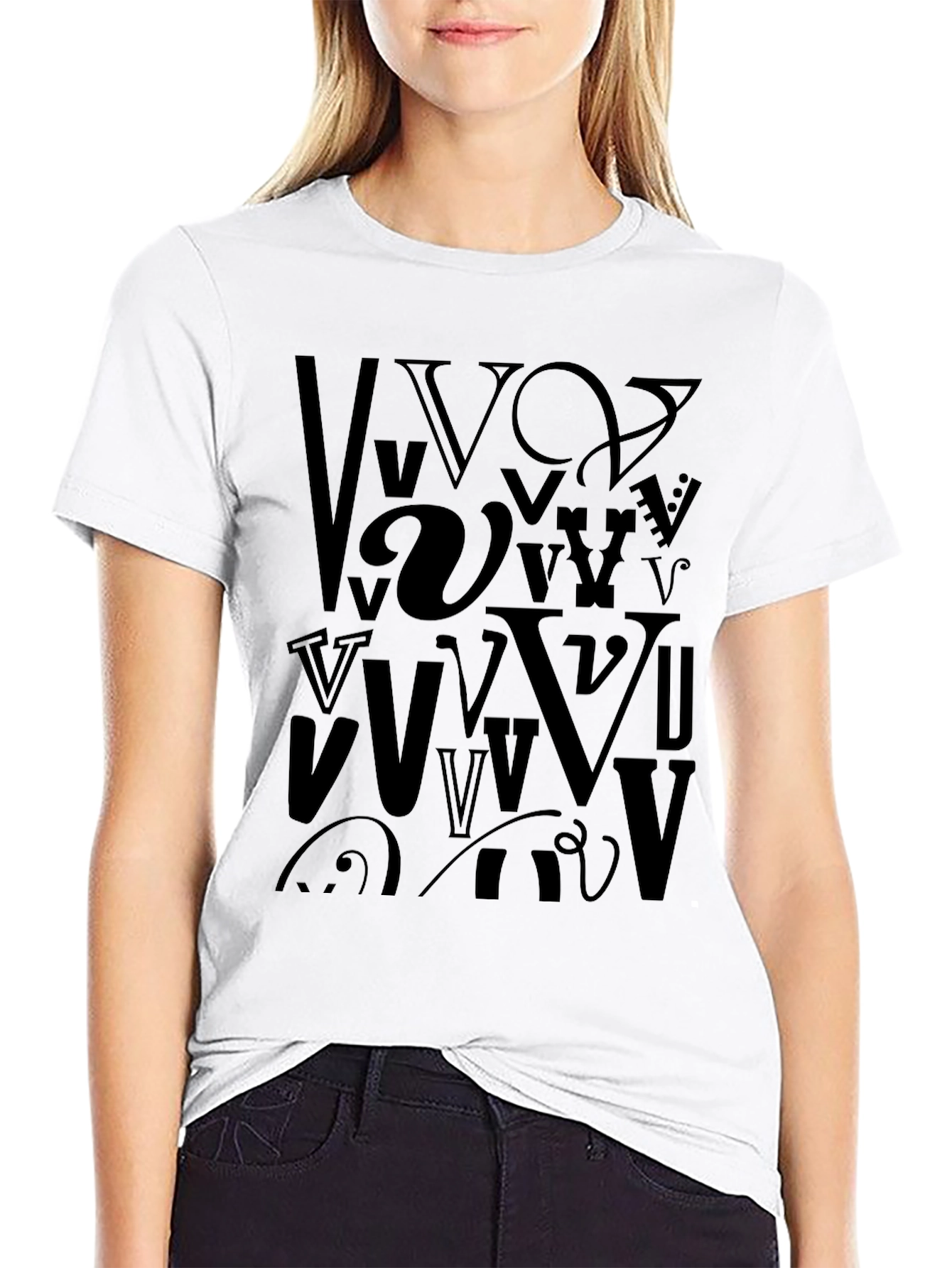 Abstract V Letter Print Mens Black T-Shirt