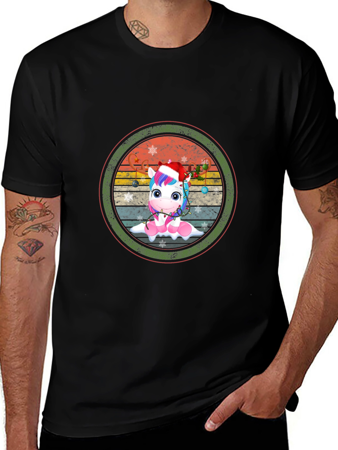 Festive Unicorn Graphic Tee - Black Cotton Blend