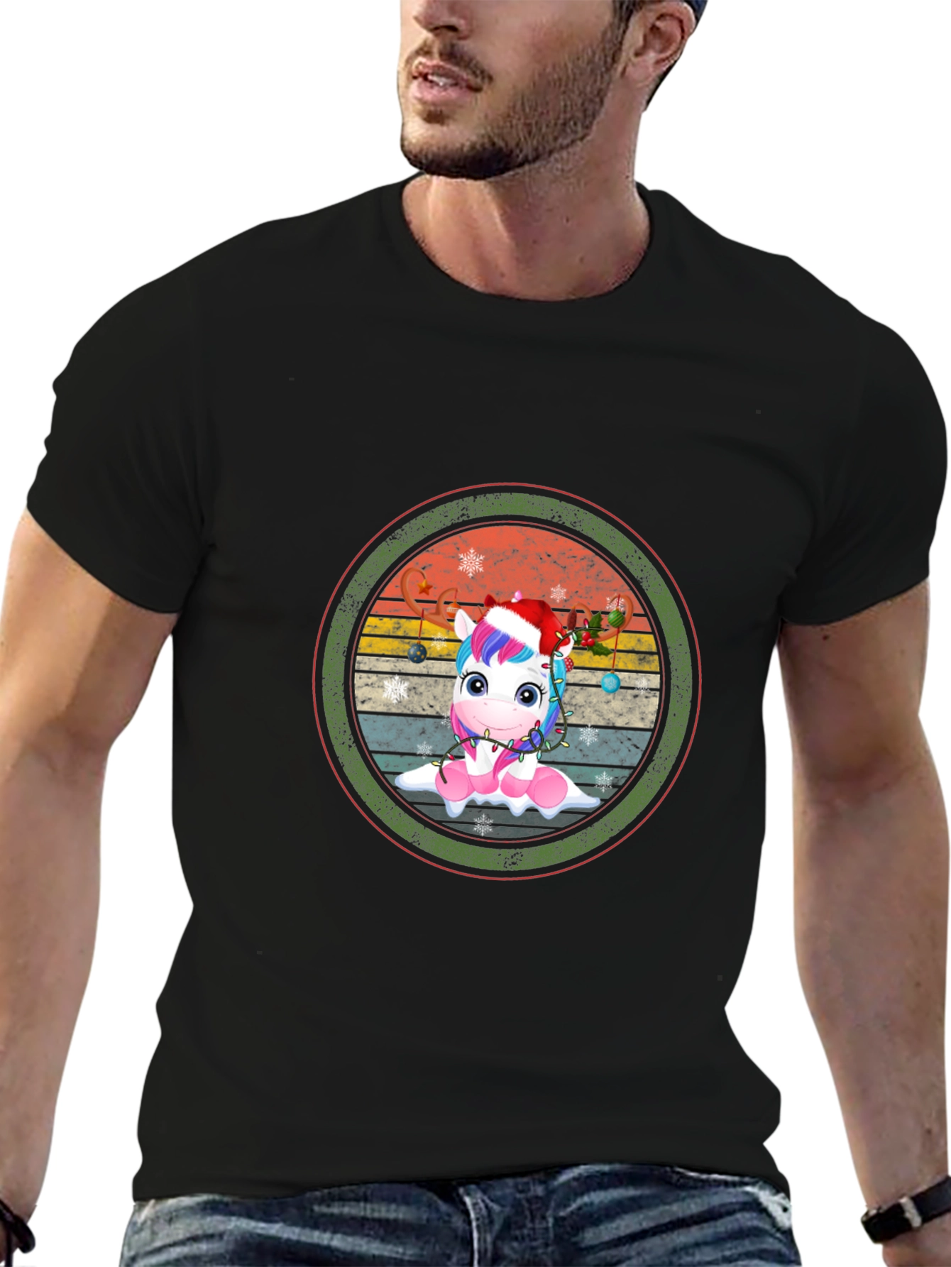 Festive Unicorn Graphic Tee - Black Cotton Blend