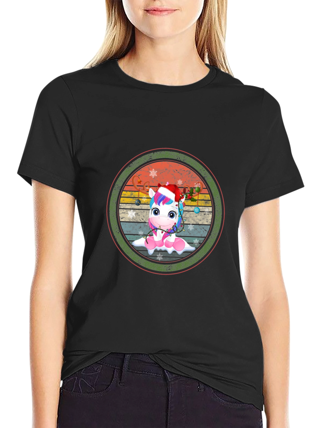 Festive Unicorn Graphic Tee - Black Cotton Blend