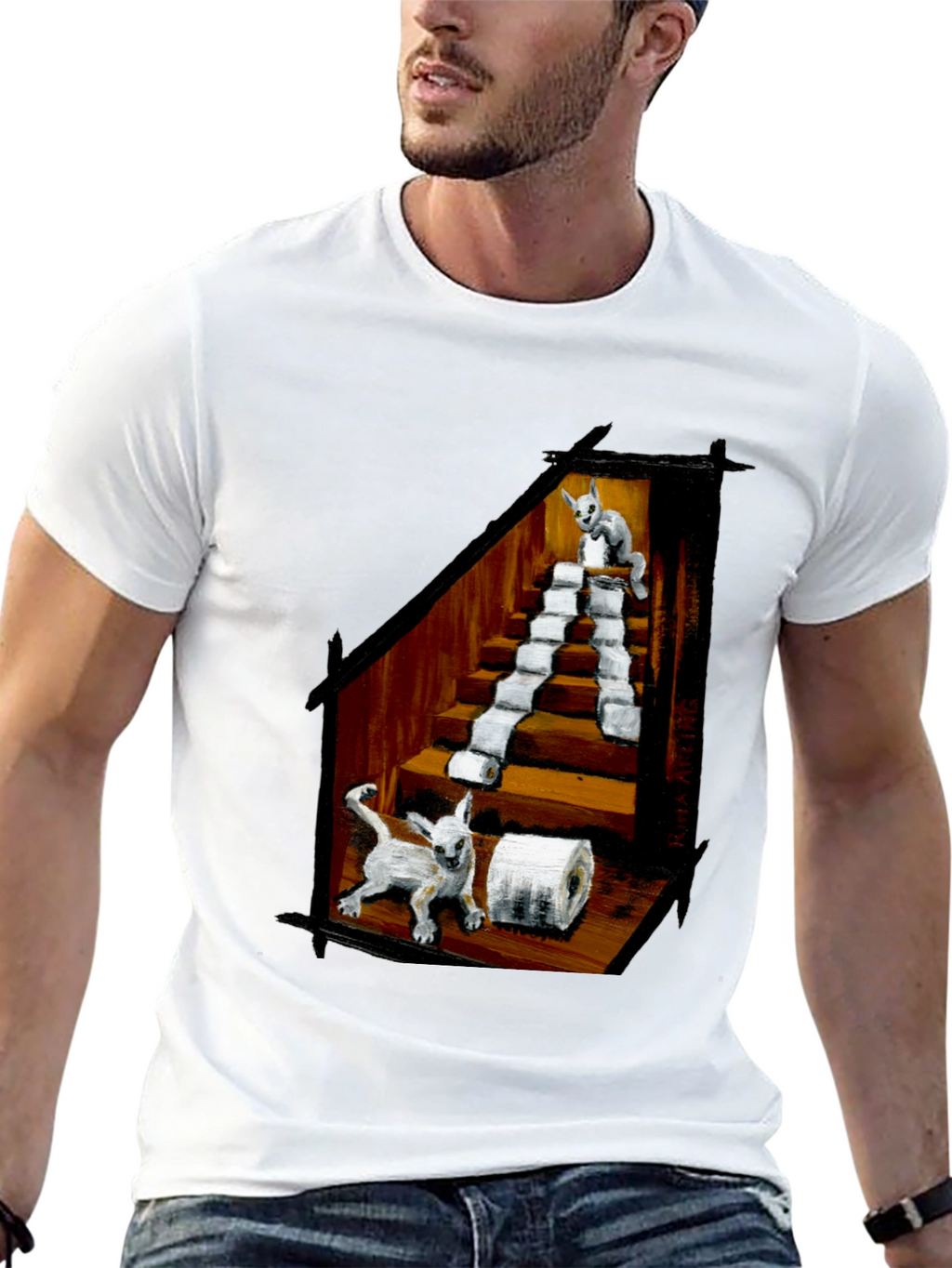 Cat Toilet Paper Staircase Graphic T-Shirt