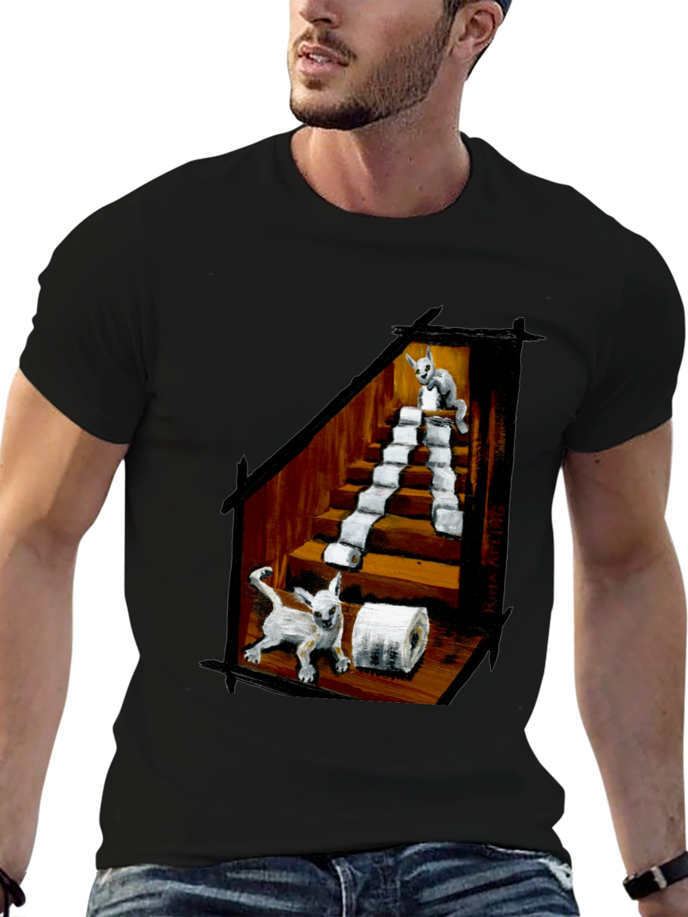 Cat Toilet Paper Staircase Graphic T-Shirt