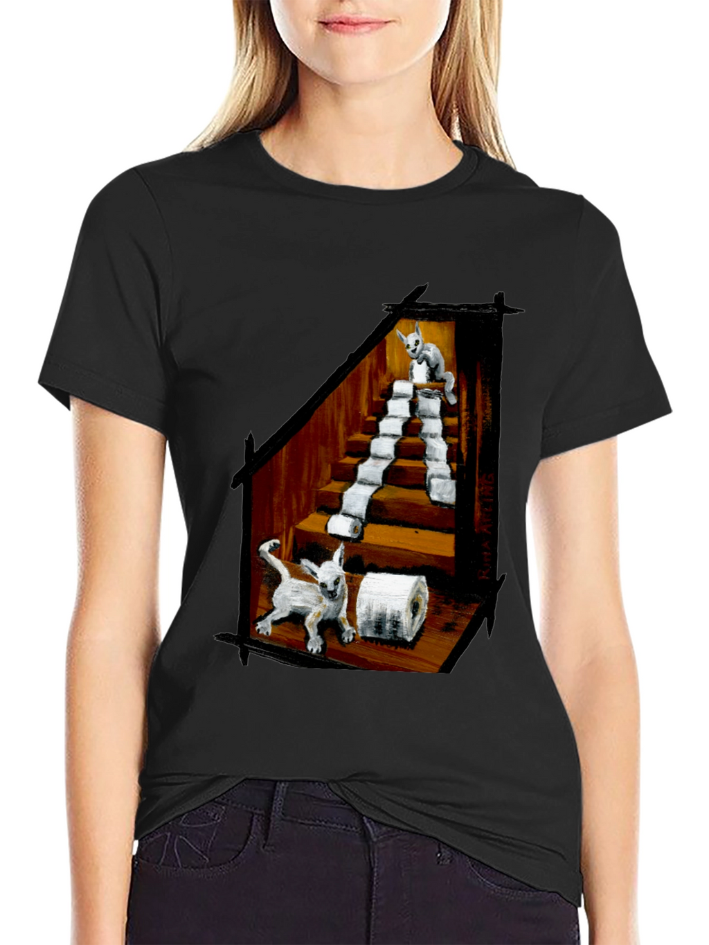 Cat Toilet Paper Staircase Graphic T-Shirt