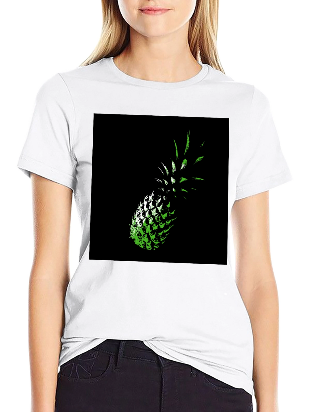 Green Pineapple Graphic Print Black T-Shirt