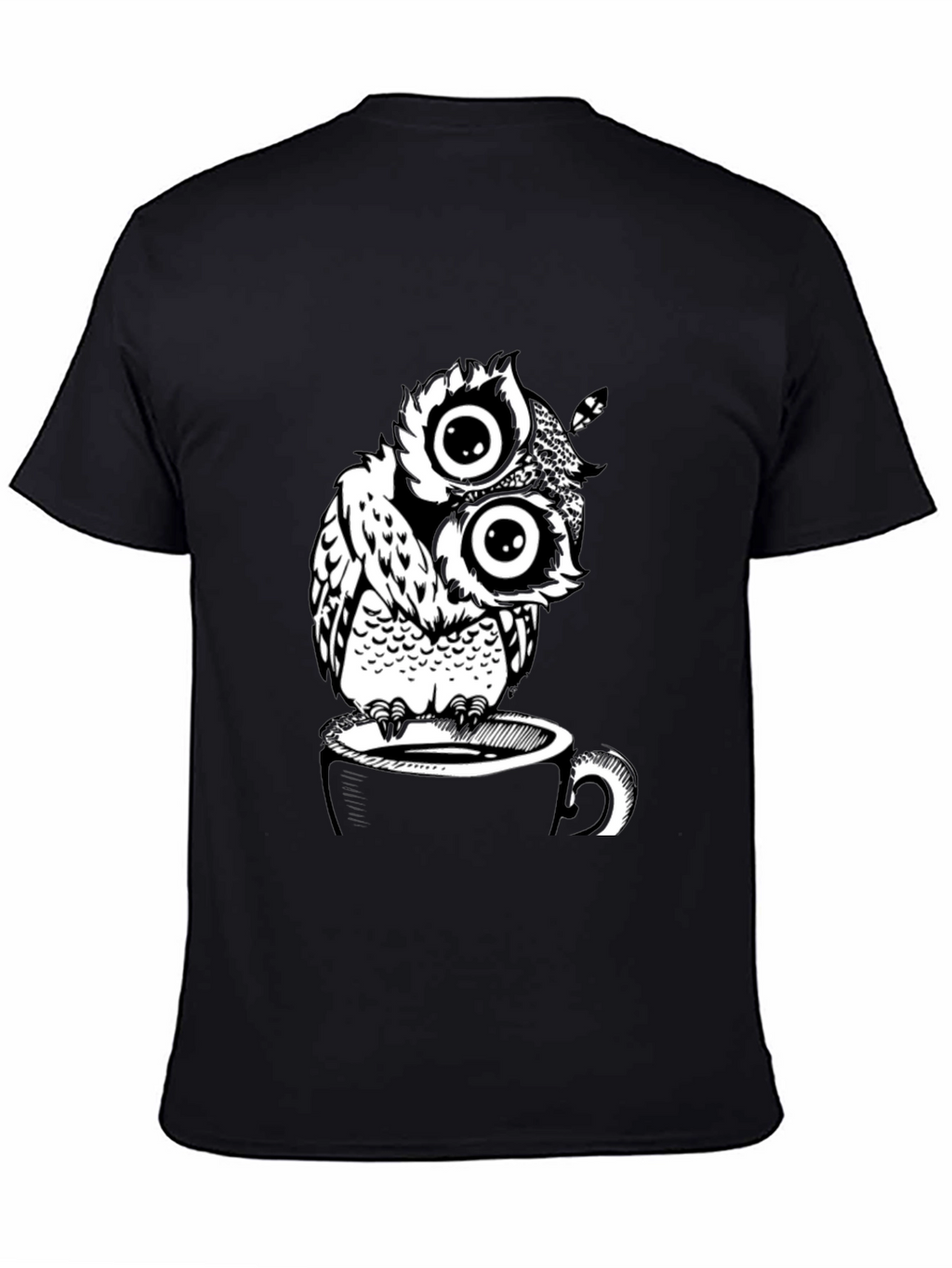 Owl on Coffee Cup Graphic T-Shirt - Black