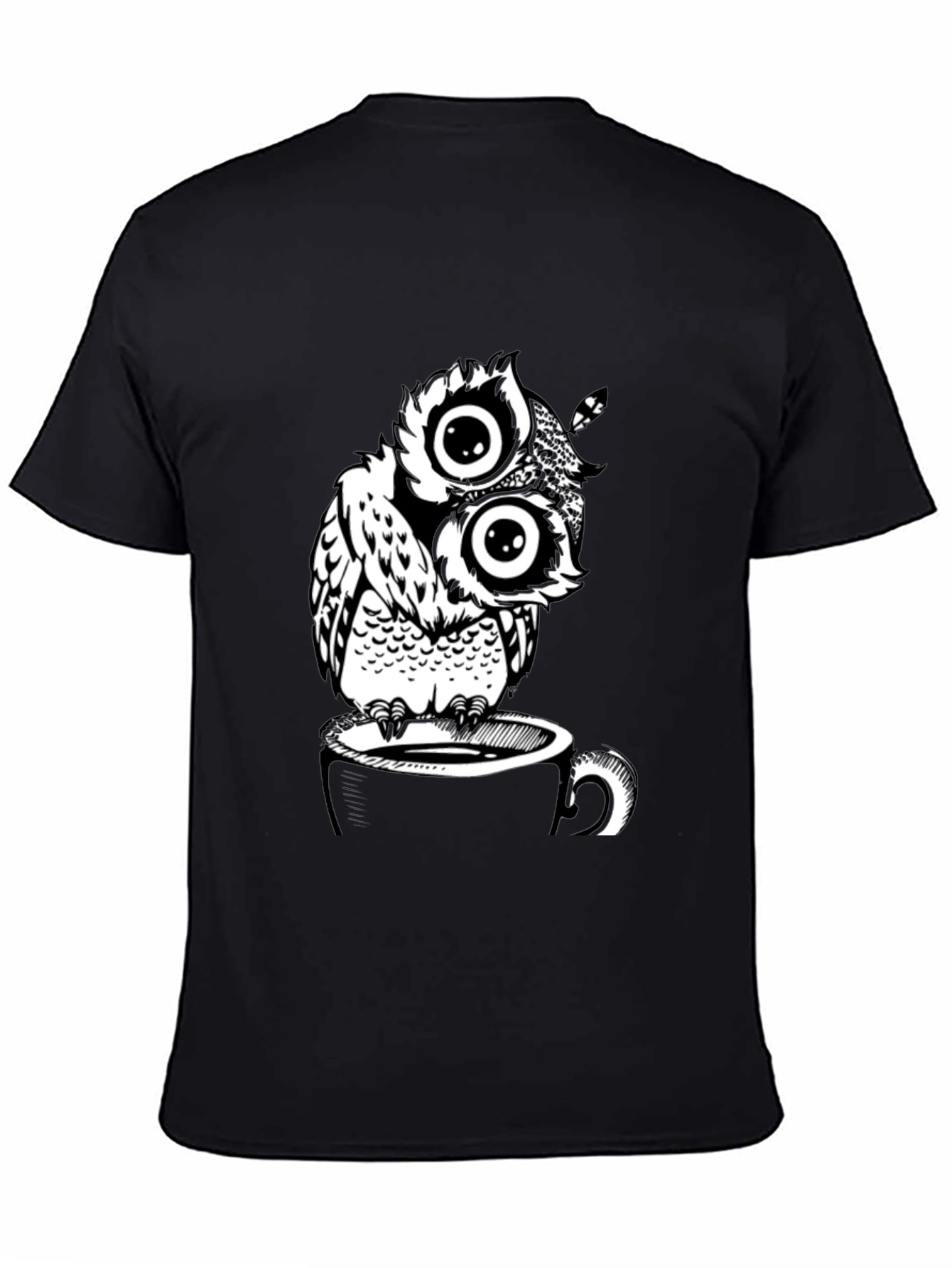 Owl on Coffee Cup Graphic T-Shirt - Black