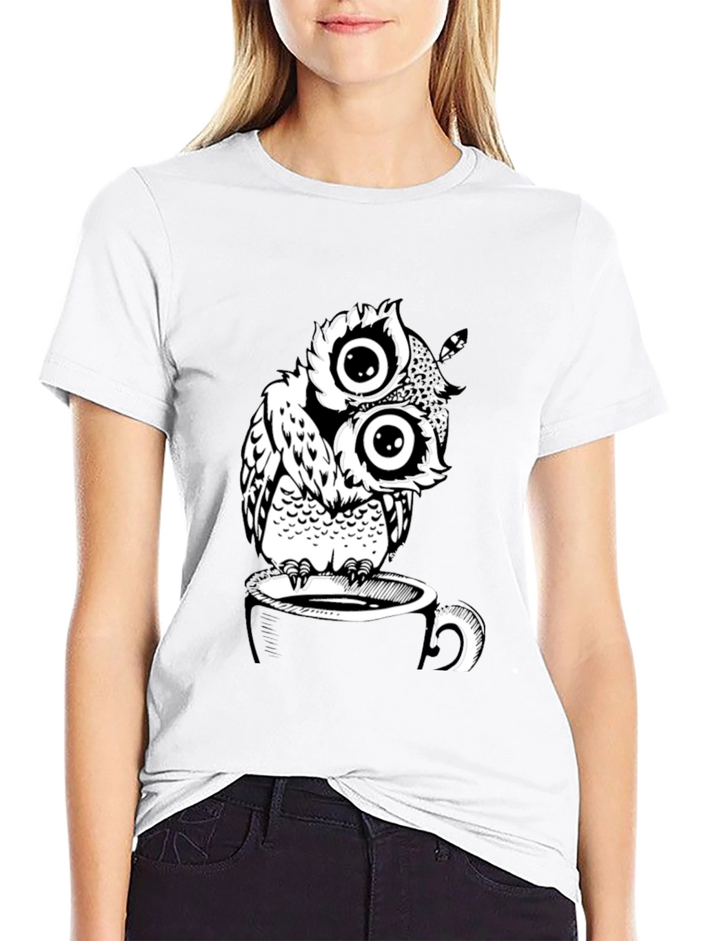 Owl on Coffee Cup Graphic T-Shirt - Black
