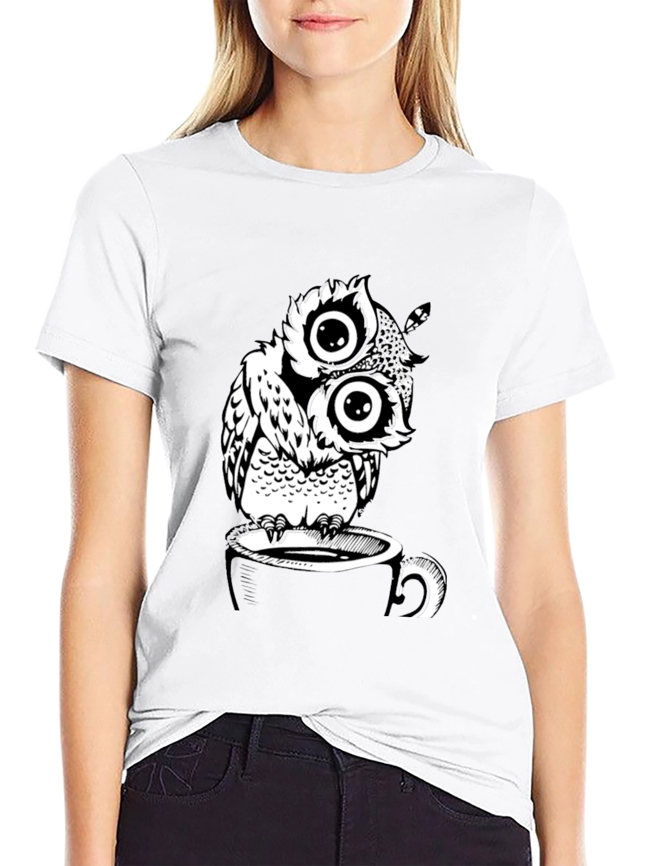 Owl on Coffee Cup Graphic T-Shirt - Black