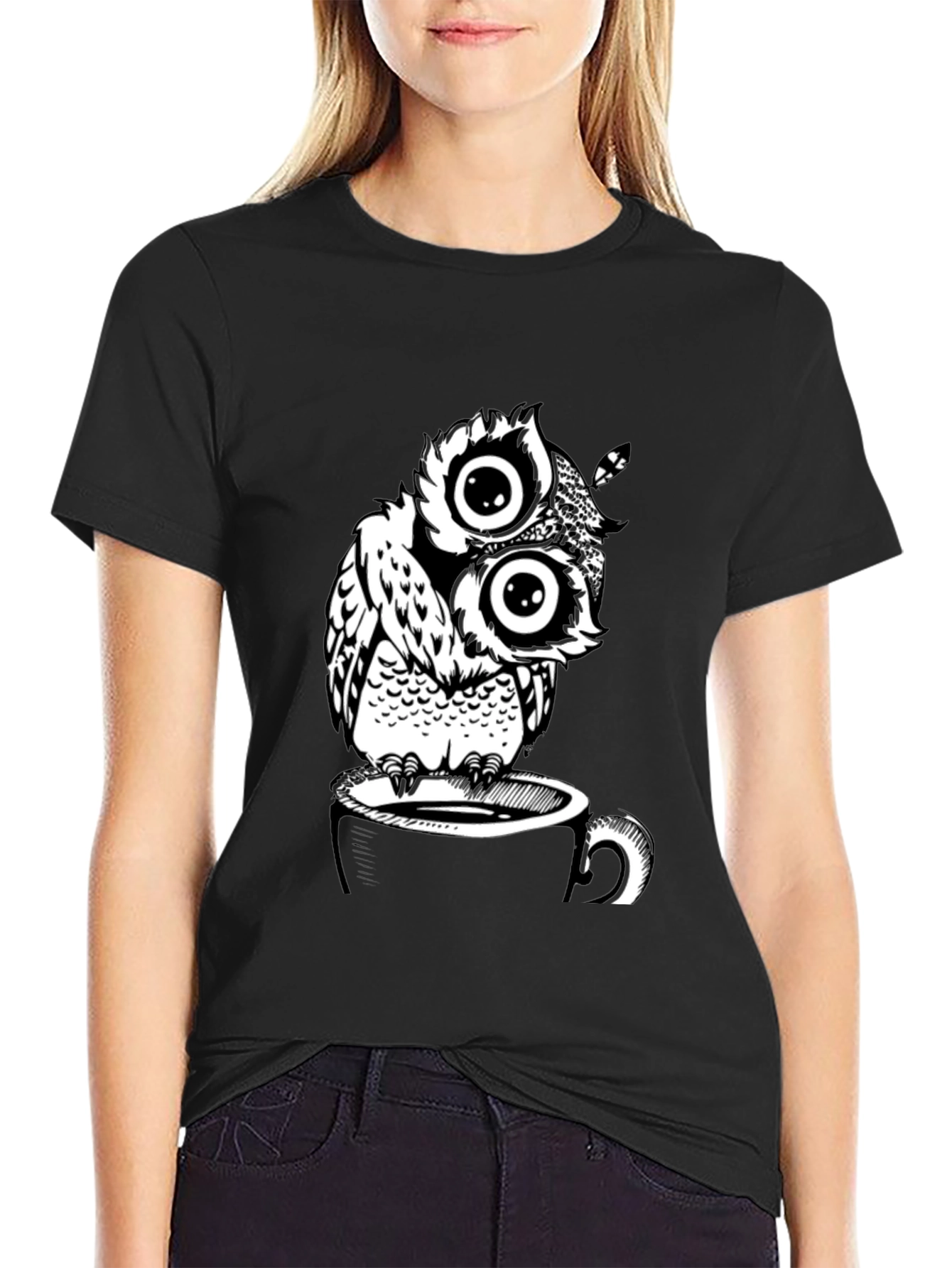 Owl on Coffee Cup Graphic T-Shirt - Black