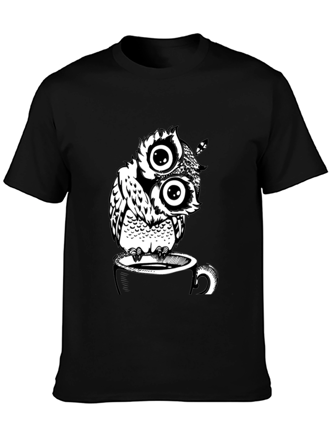 Owl on Coffee Cup Graphic T-Shirt - Black