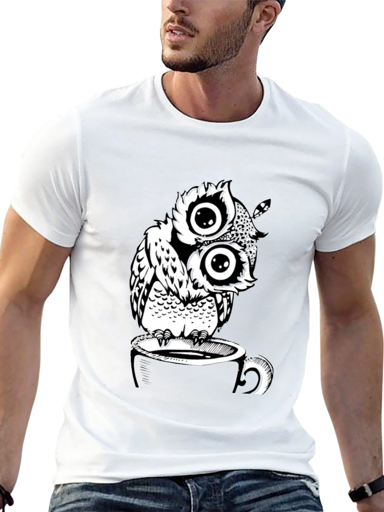 Owl on Coffee Cup Graphic T-Shirt - Black