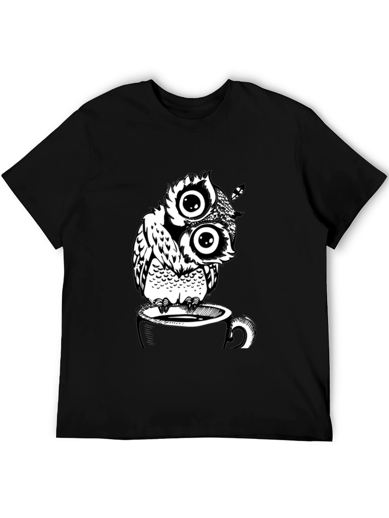 Owl on Coffee Cup Graphic T-Shirt - Black