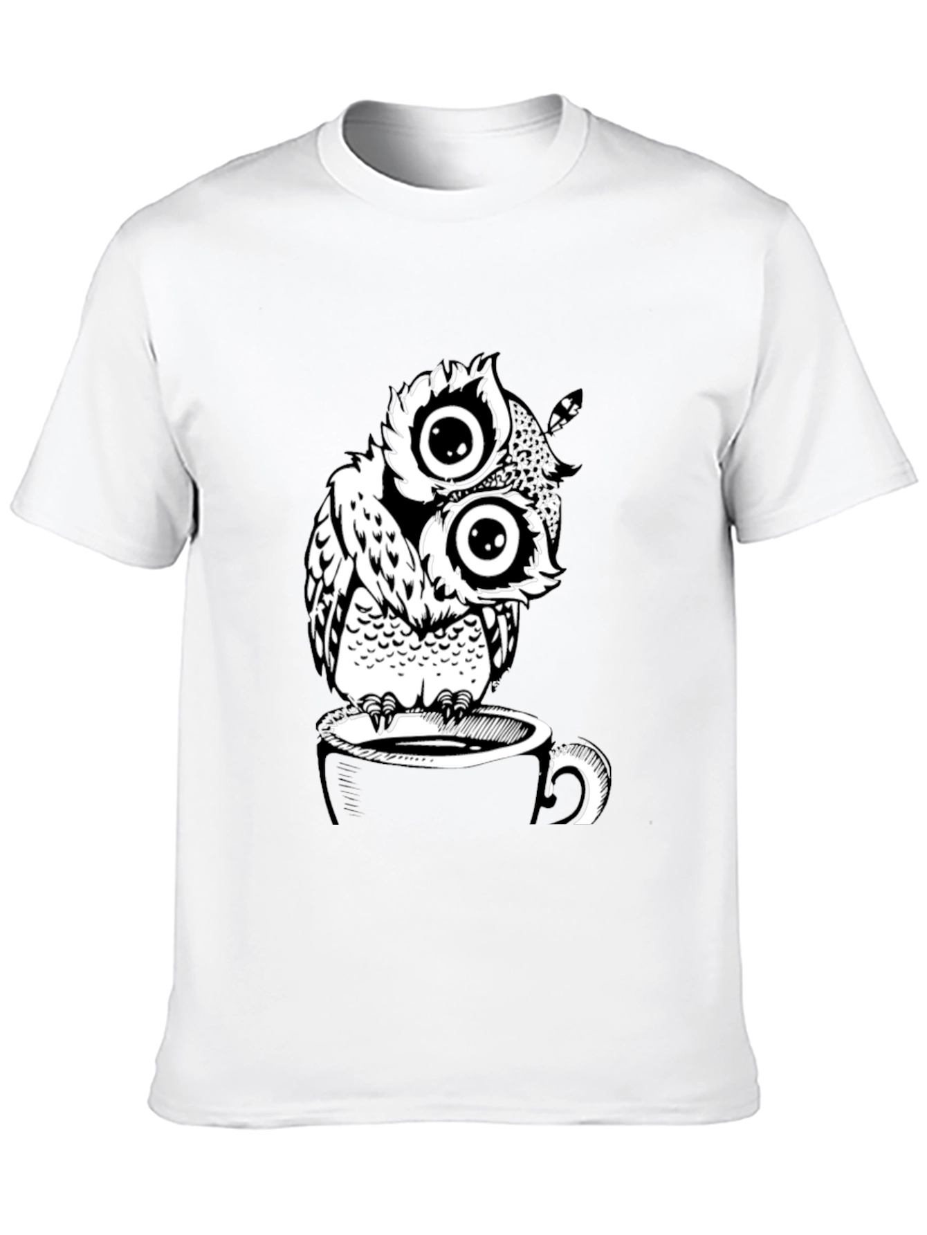 Owl on Coffee Cup Graphic T-Shirt - Black