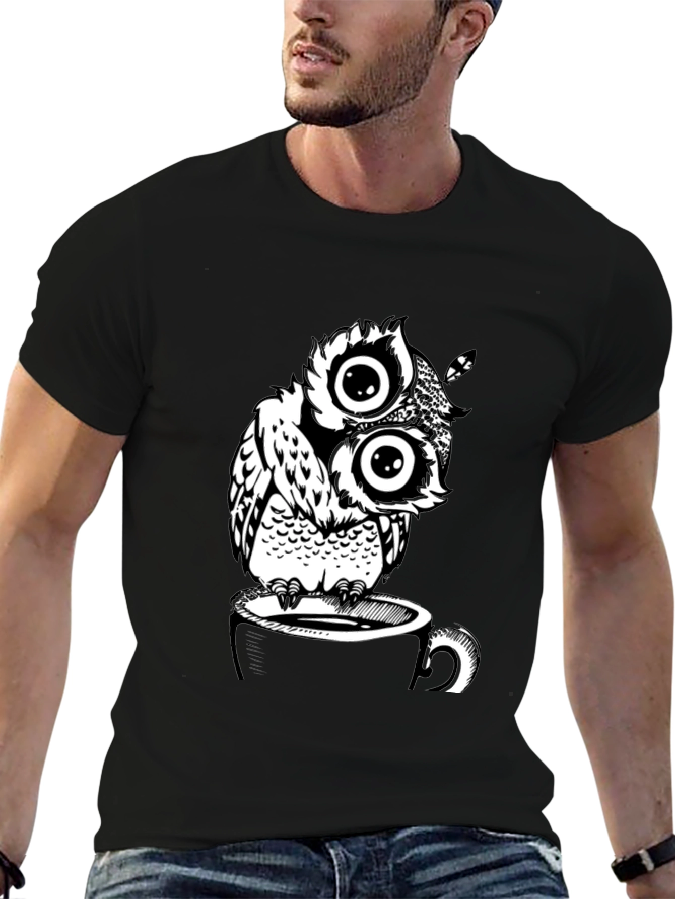 Owl on Coffee Cup Graphic T-Shirt - Black