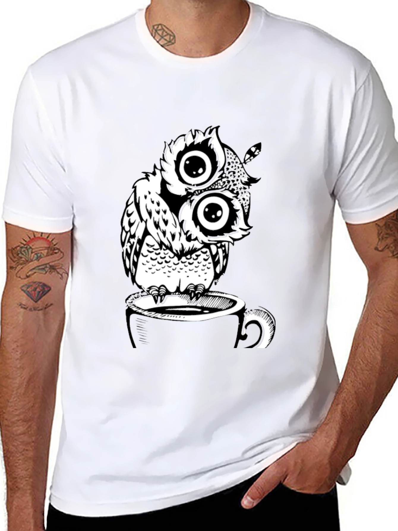 Owl on Coffee Cup Graphic T-Shirt - Black