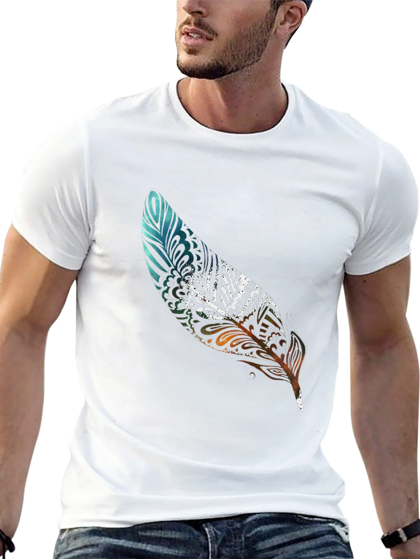 Feather Print Black Casual T-Shirt