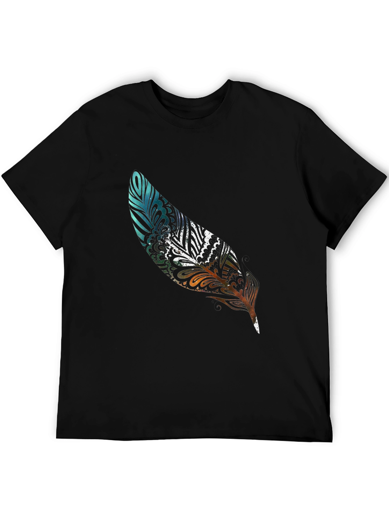 Feather Print Black Casual T-Shirt