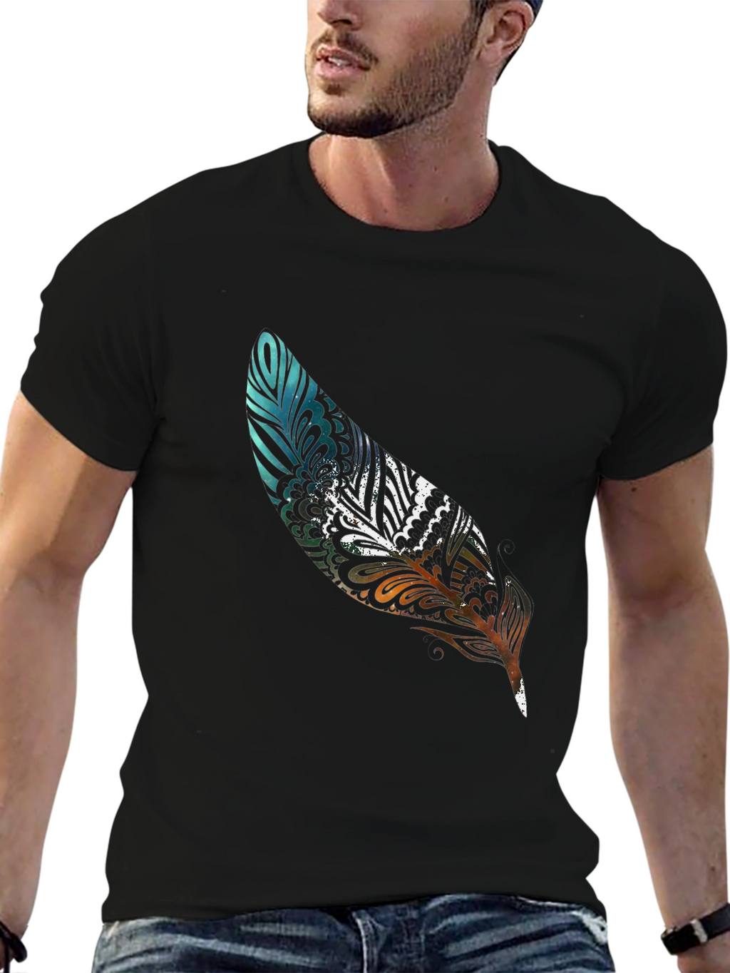 Feather Print Black Casual T-Shirt