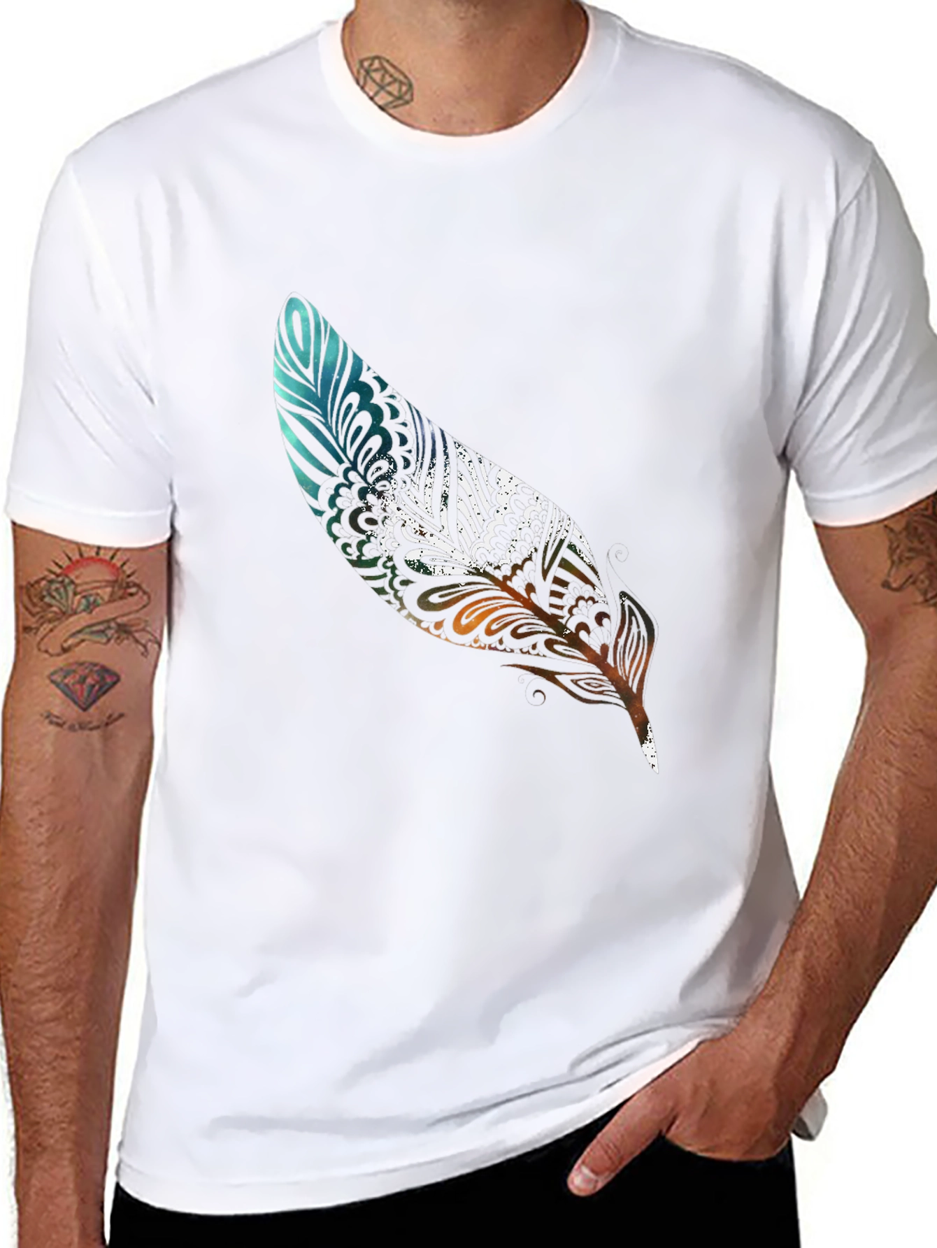Feather Print Black Casual T-Shirt