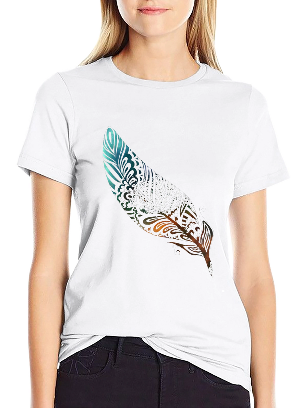 Feather Print Black Casual T-Shirt