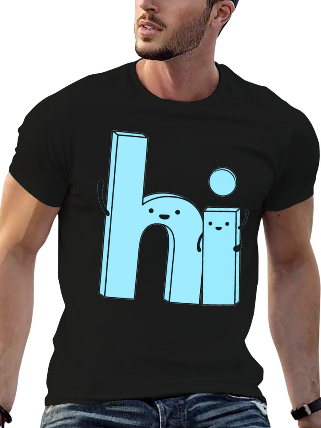 Cute Cartoon Hi Graphic Tee - Soft Black Cotton