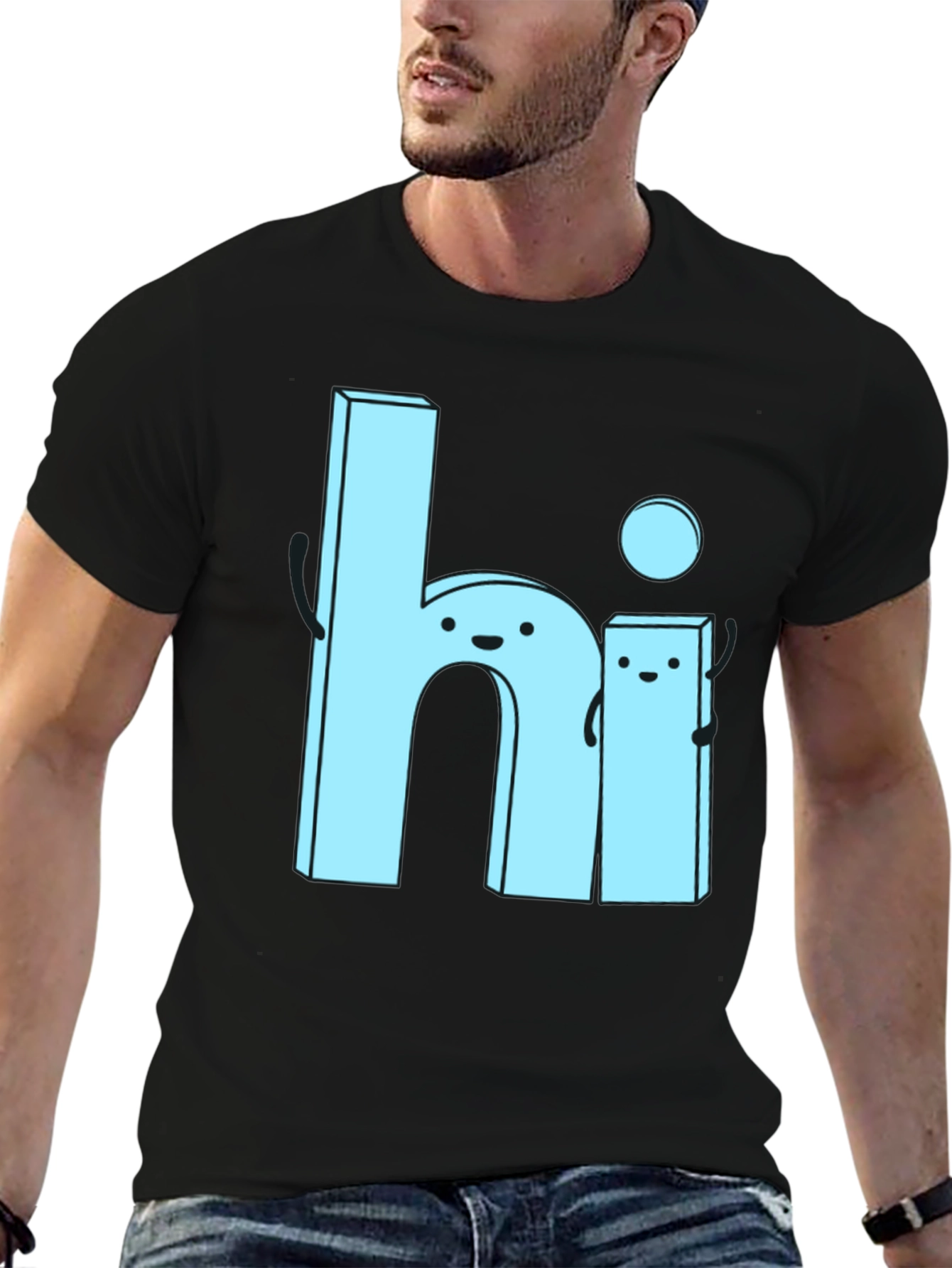 Cute Cartoon Hi Graphic Tee - Soft Black Cotton