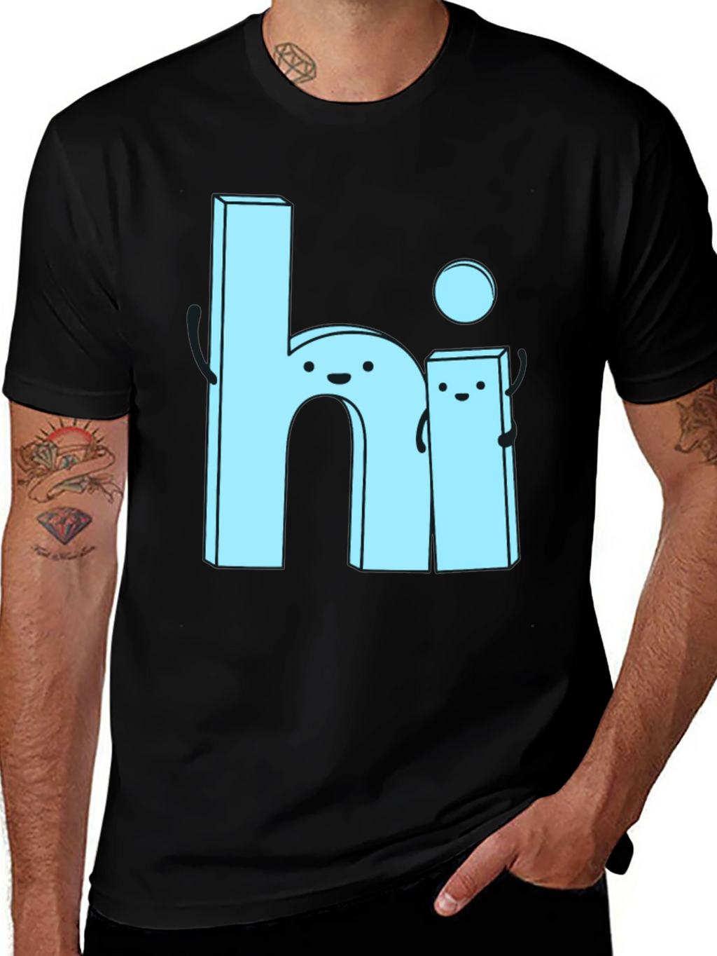 Cute Cartoon Hi Graphic Tee - Soft Black Cotton