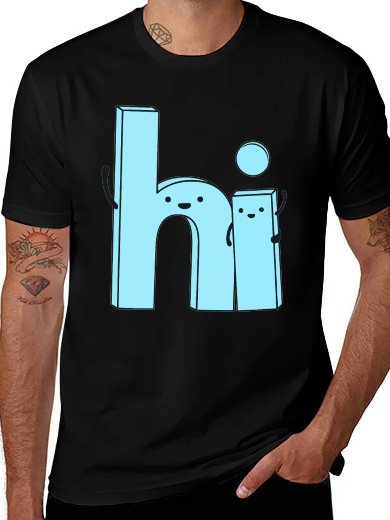 Cute Cartoon Hi Graphic Tee - Soft Black Cotton