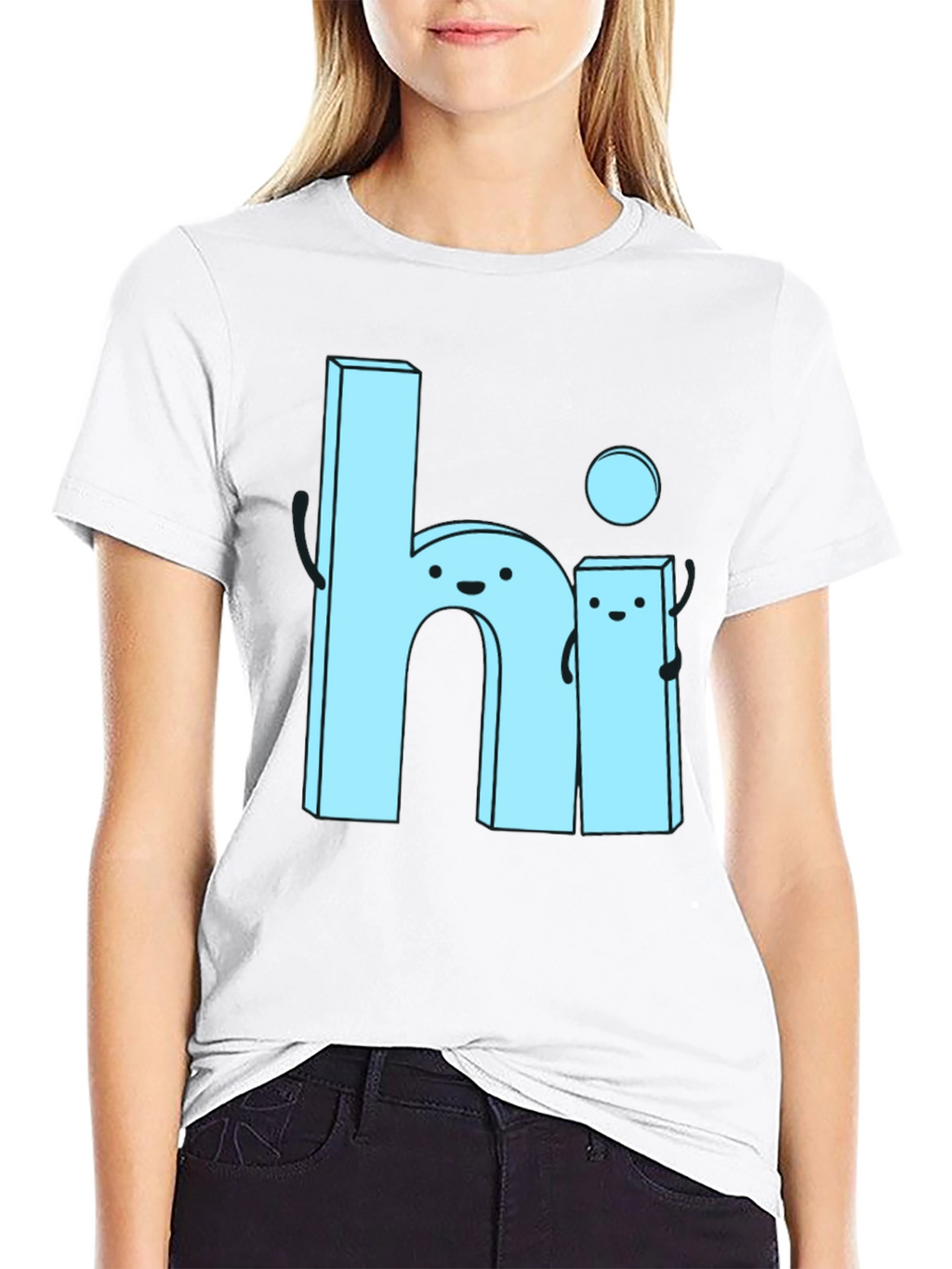 Cute Cartoon Hi Graphic Tee - Soft Black Cotton