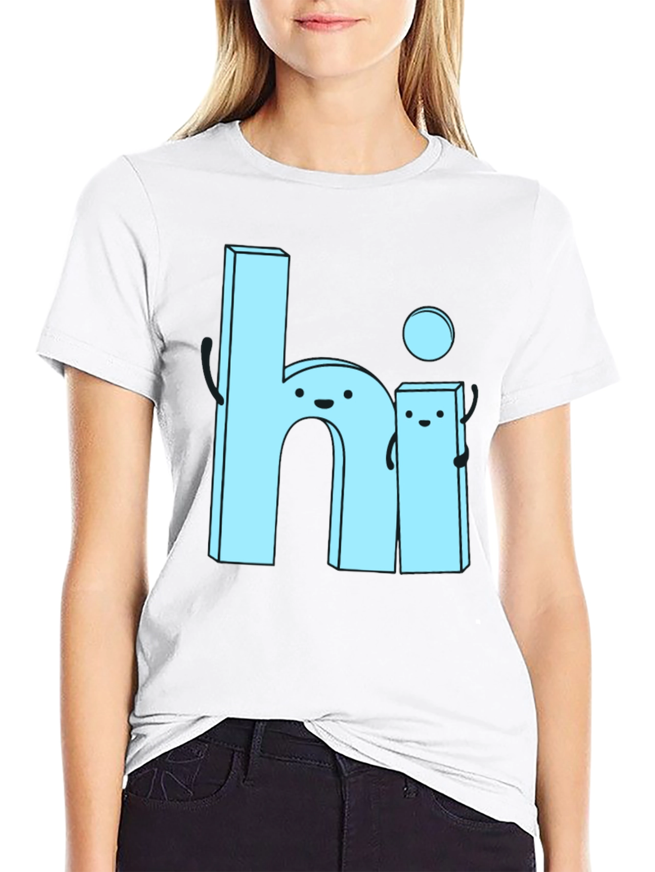 Cute Cartoon Hi Graphic Tee - Soft Black Cotton
