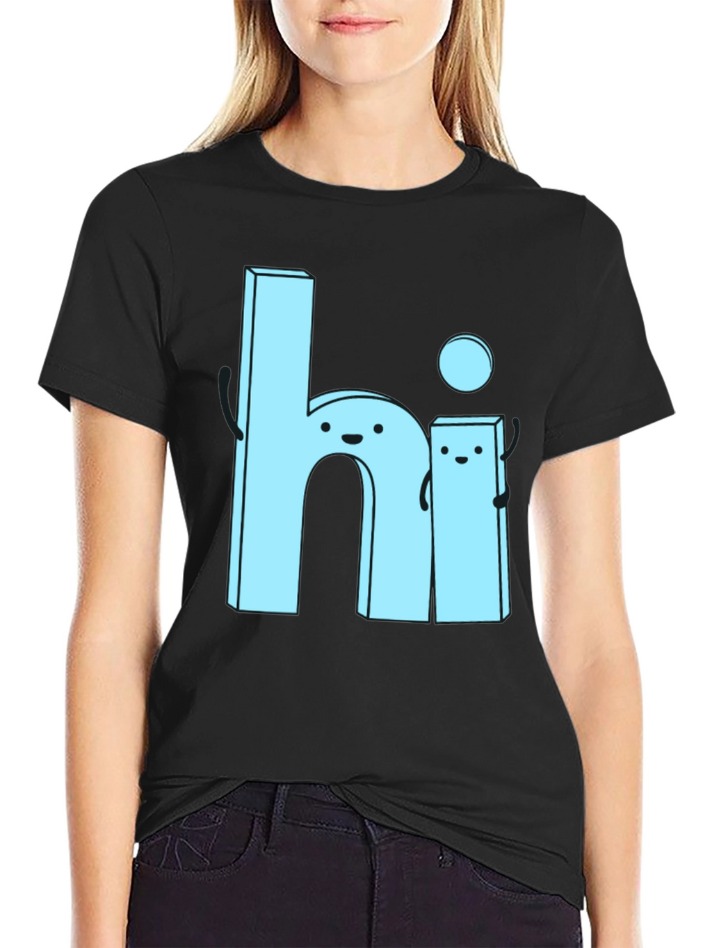 Cute Cartoon Hi Graphic Tee - Soft Black Cotton