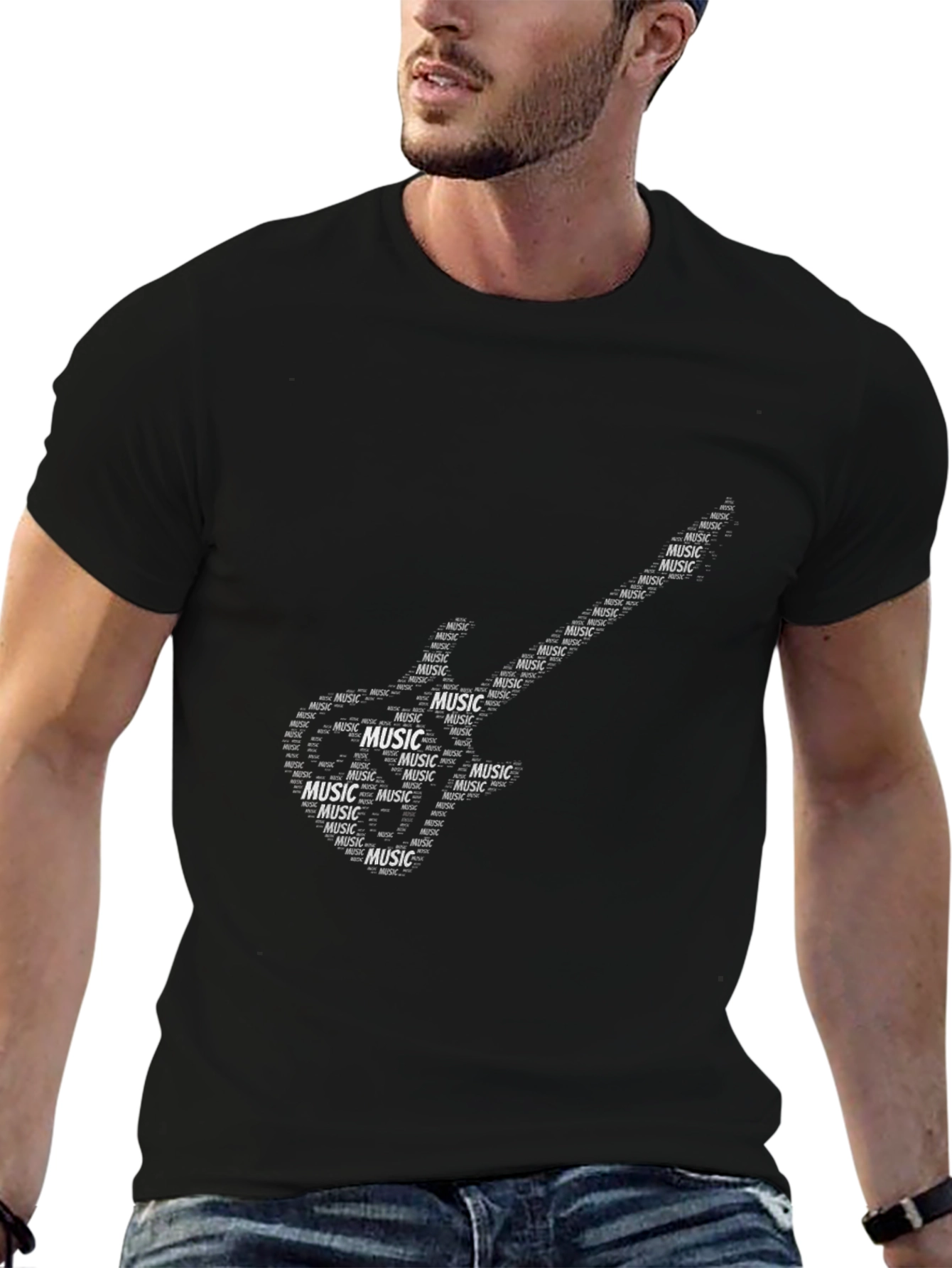Black Music Guitar Word Art T-Shirt
