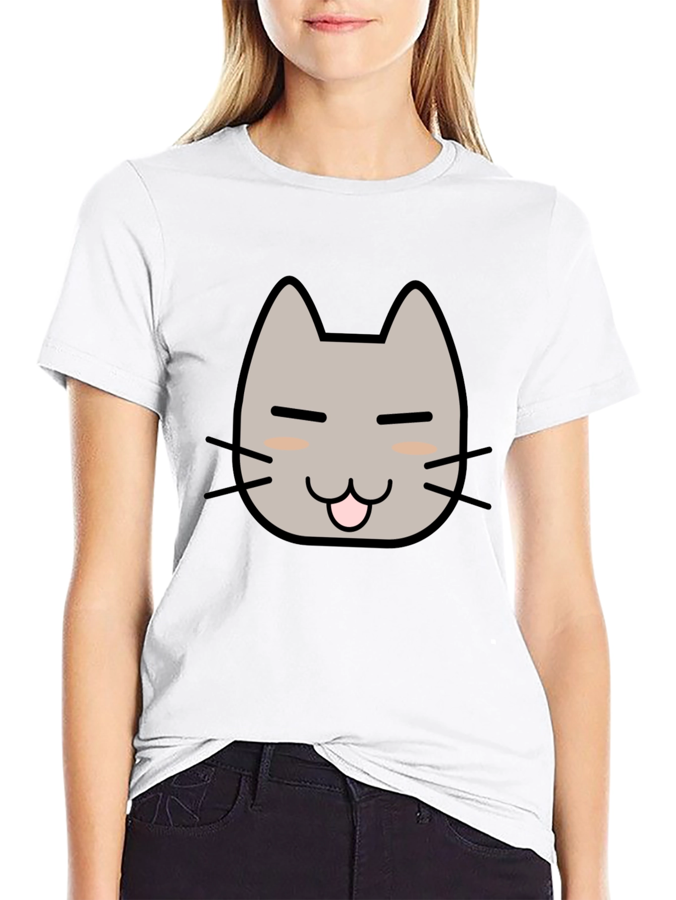 Cute Cat Face Graphic T-Shirt - Black