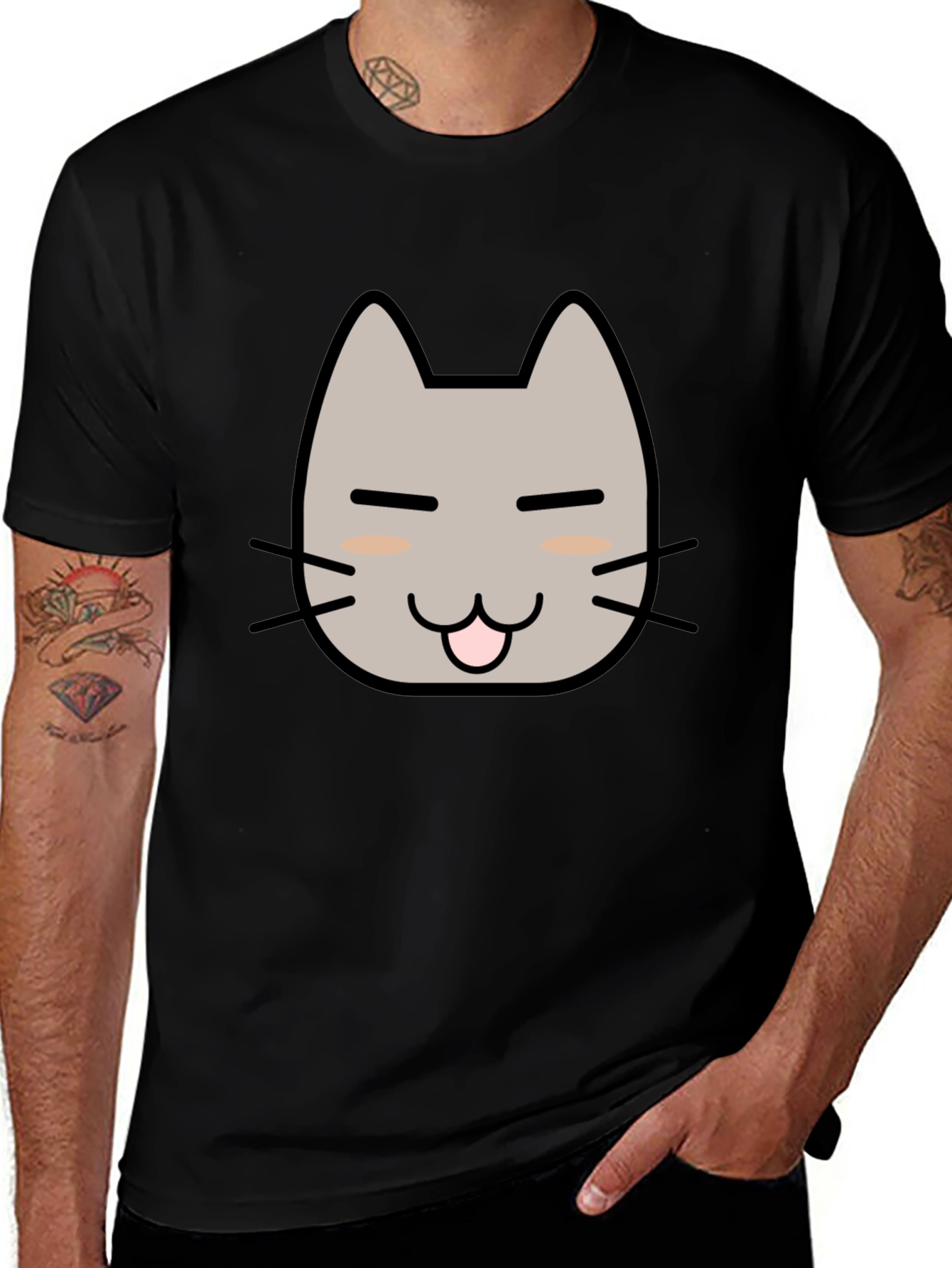 Cute Cat Face Graphic T-Shirt - Black