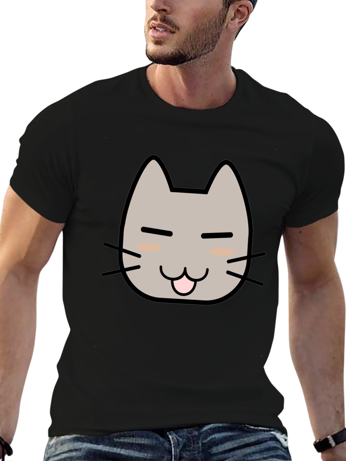 Cute Cat Face Graphic T-Shirt - Black