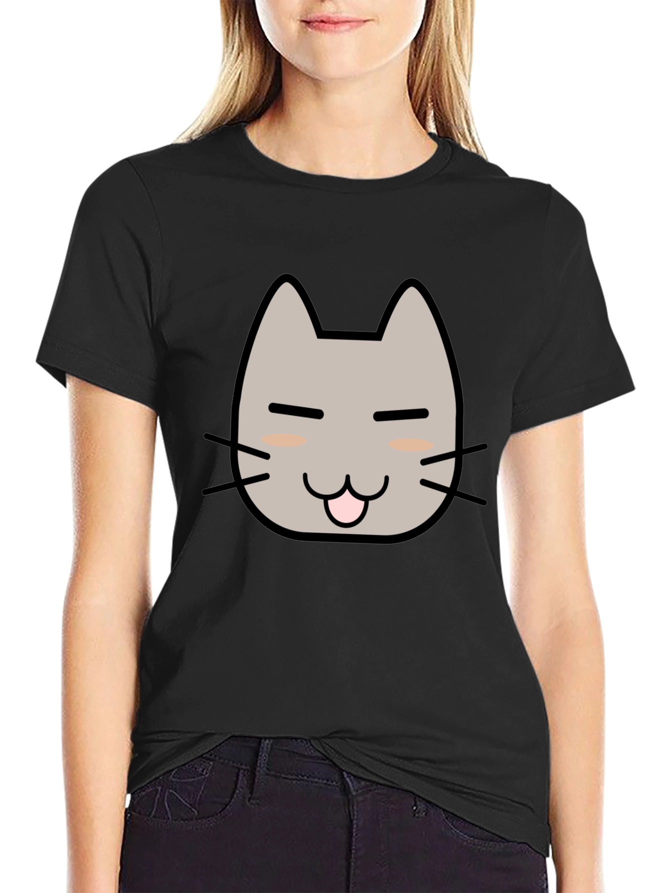 Cute Cat Face Graphic T-Shirt - Black