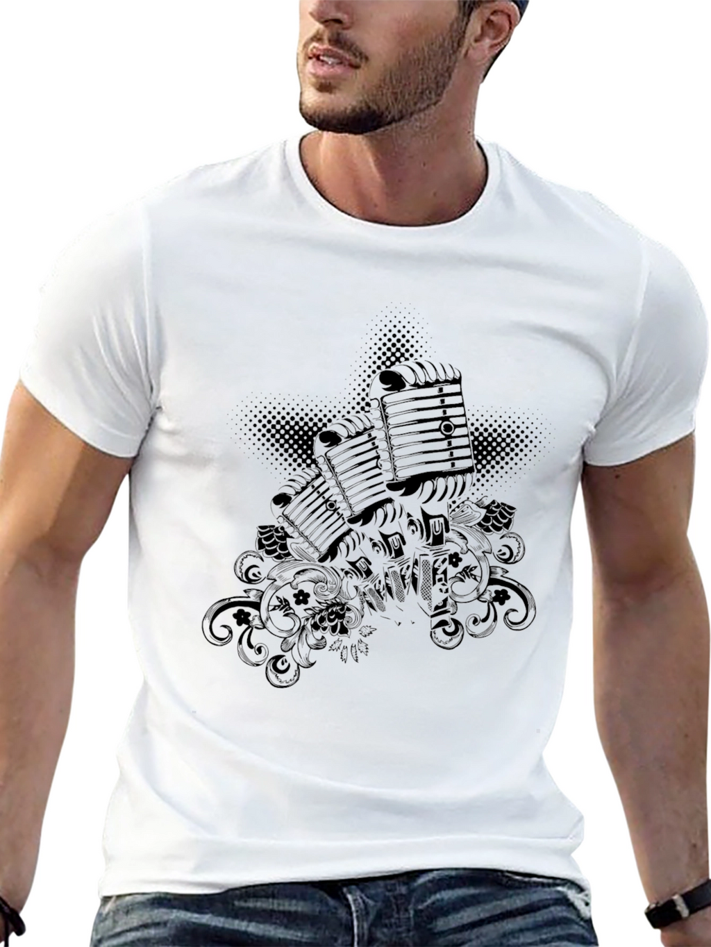 Retro Microphone Graphic Tee - Black